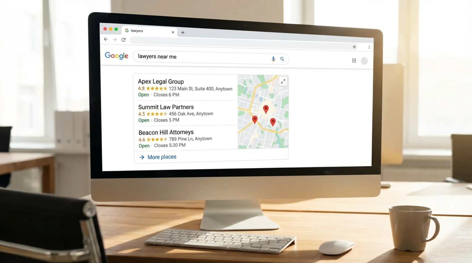 Google local map pack showing three law firms with ratings, addresses, and hours