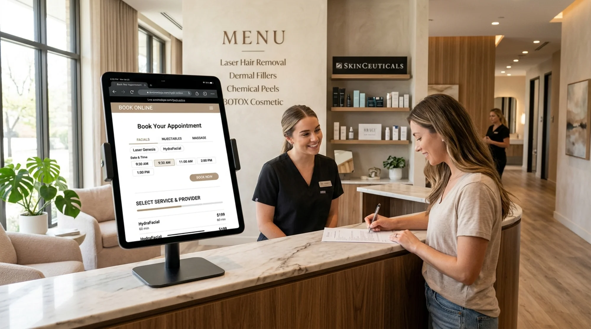 A med spa reception area with a tablet displaying the business website booking page, warm modern interior with a treatment menu visible on screen and a client checking in