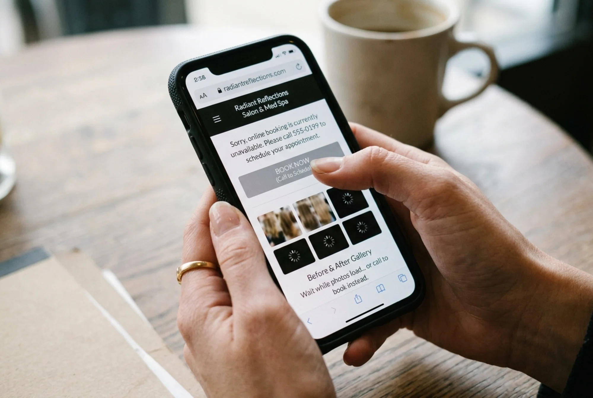 A salon website on a phone screen showing a broken booking button, slow-loading before-and-after gallery, and a call-to-book message with no online scheduling option