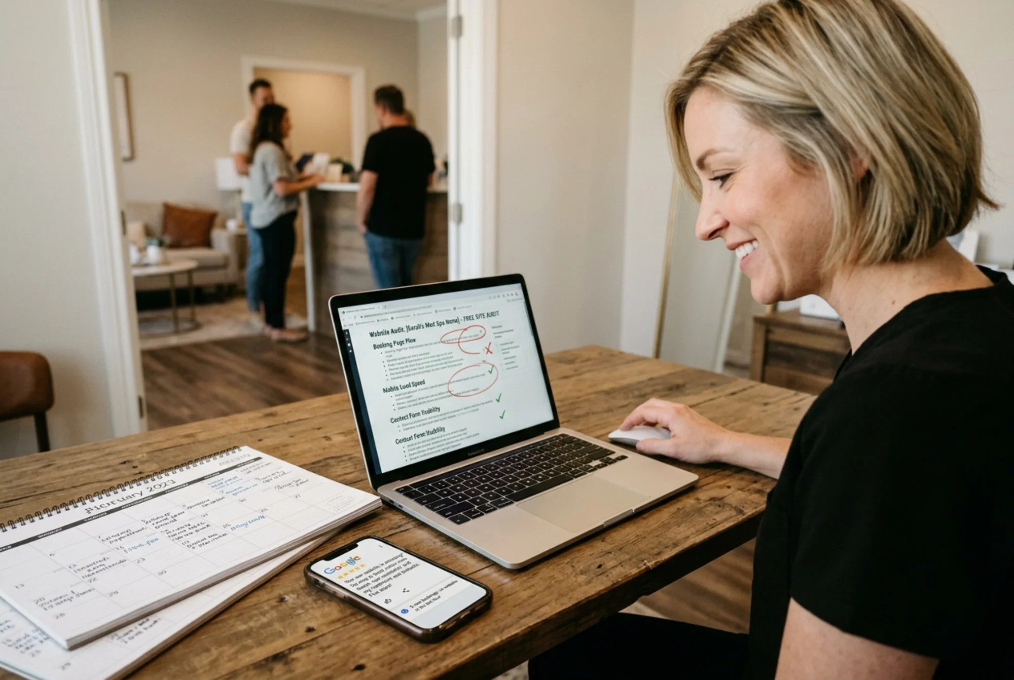 A med spa owner reviewing a completed FreeSiteAudit report on a laptop, with a calendar showing increased bookings and a phone displaying a five-star Google review mentioning easy online booking