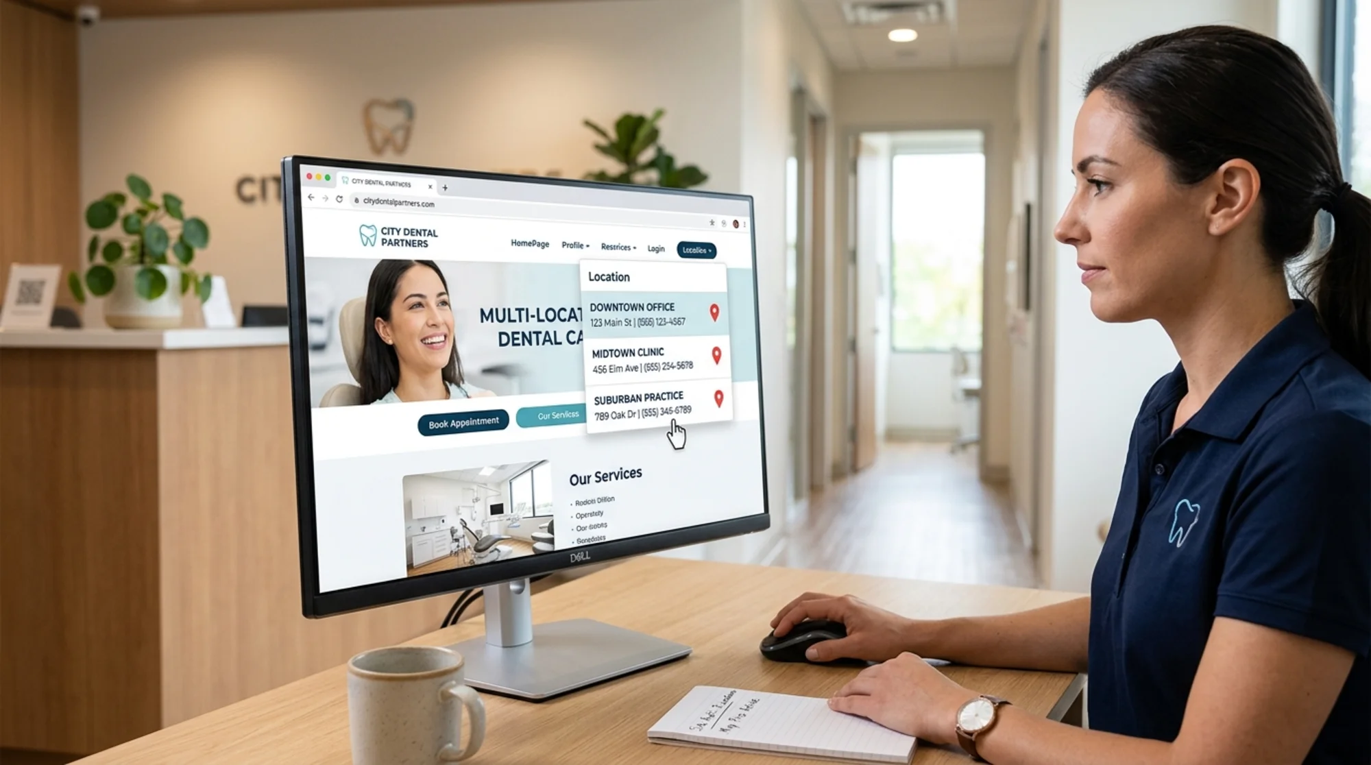 A dental practice website showing a location selector dropdown with three office addresses, each with a map pin, on a clean modern homepage with a "Book Appointment" button