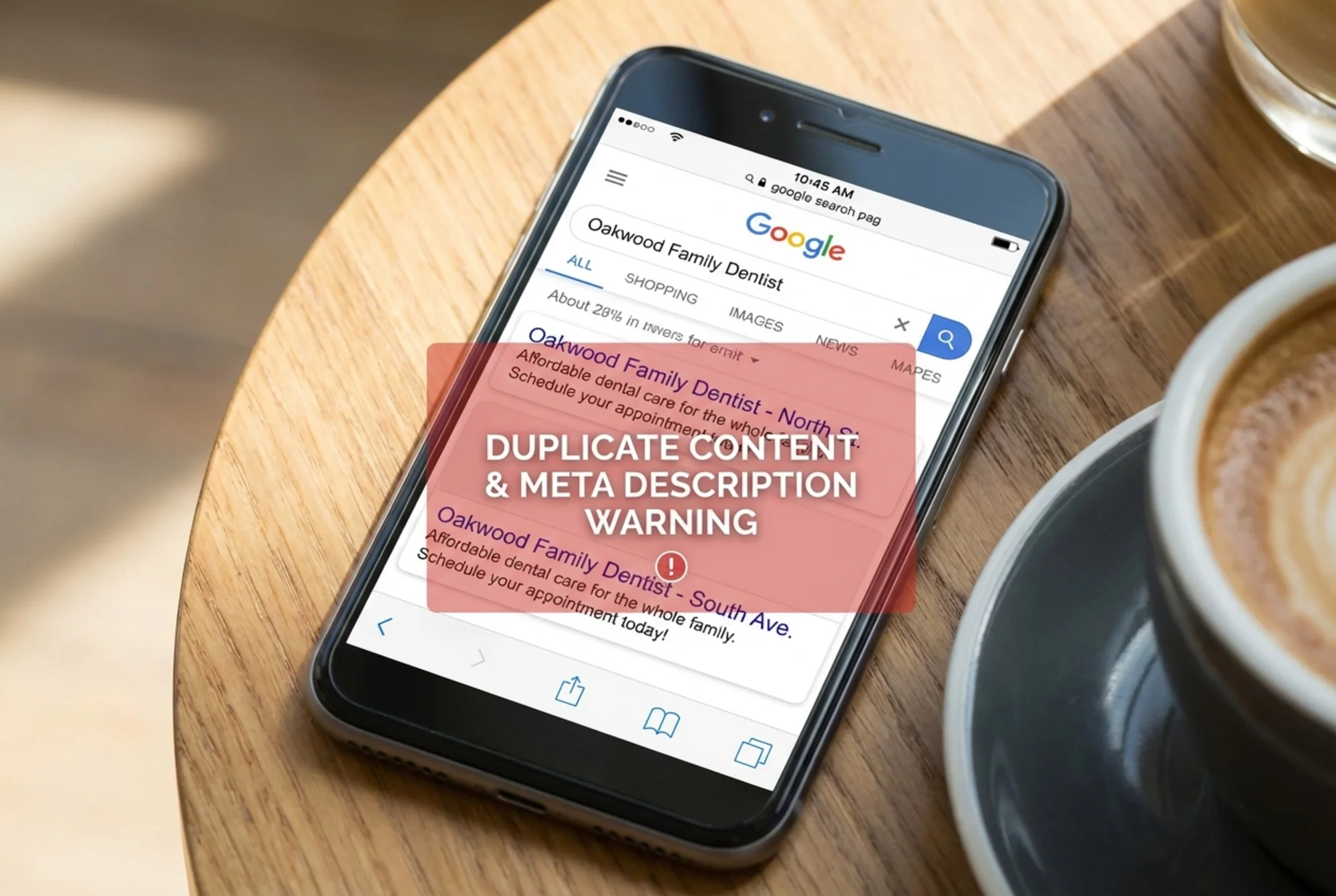 A Google search results page showing a dental practice where two locations share the same generic meta description and duplicate content, with a red warning overlay highlighting the problem