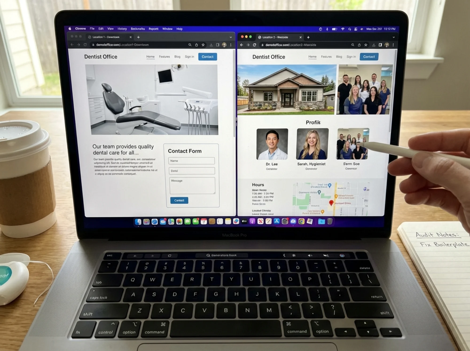 A split-screen comparison of two location pages side by side, one with thin boilerplate content and the other with unique photos, staff bios, hours, and neighborhood references