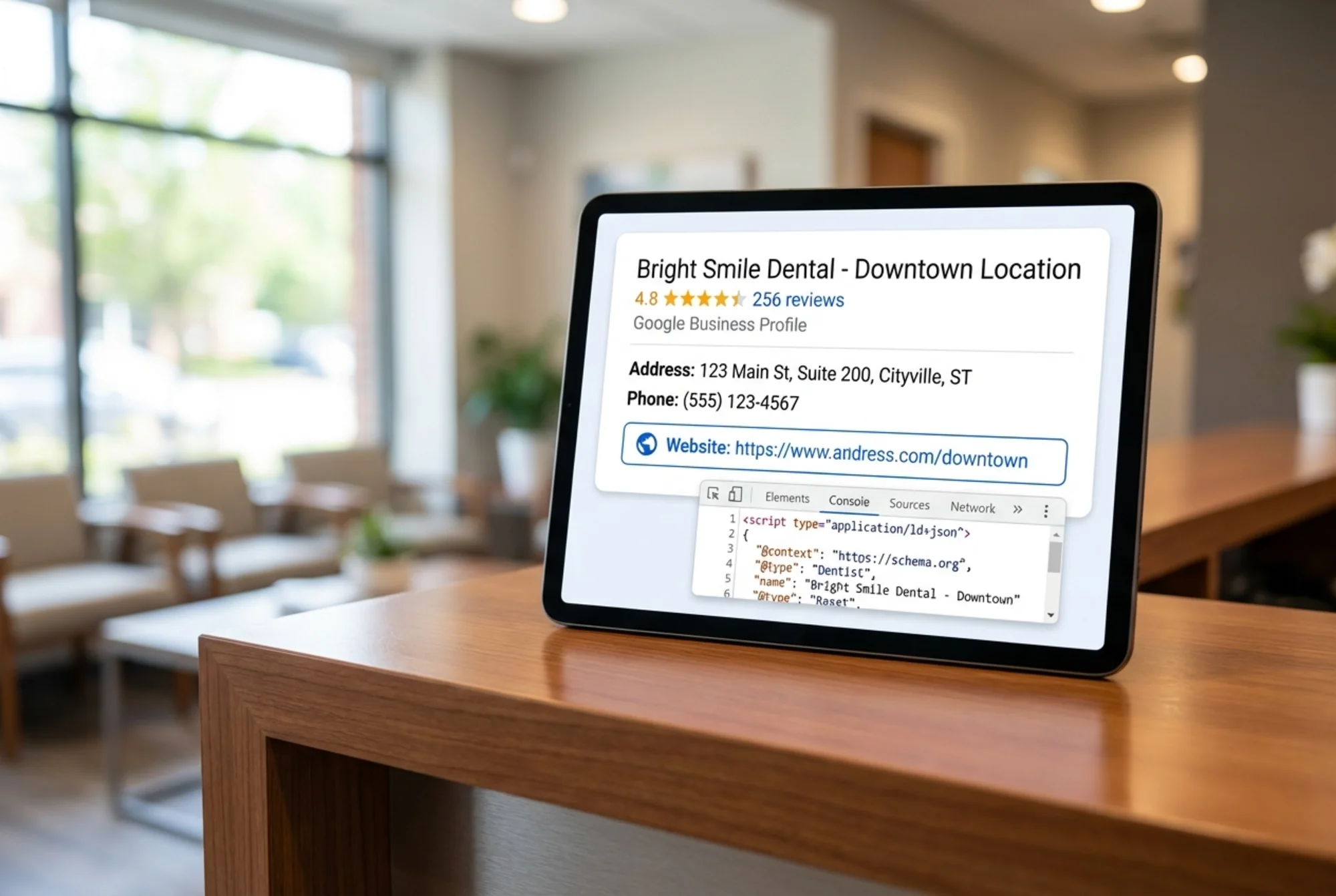 A Google Business Profile knowledge panel for a dental office showing correct NAP info, 4.8 stars, and a "Website" link pointing to a dedicated location page with proper schema markup