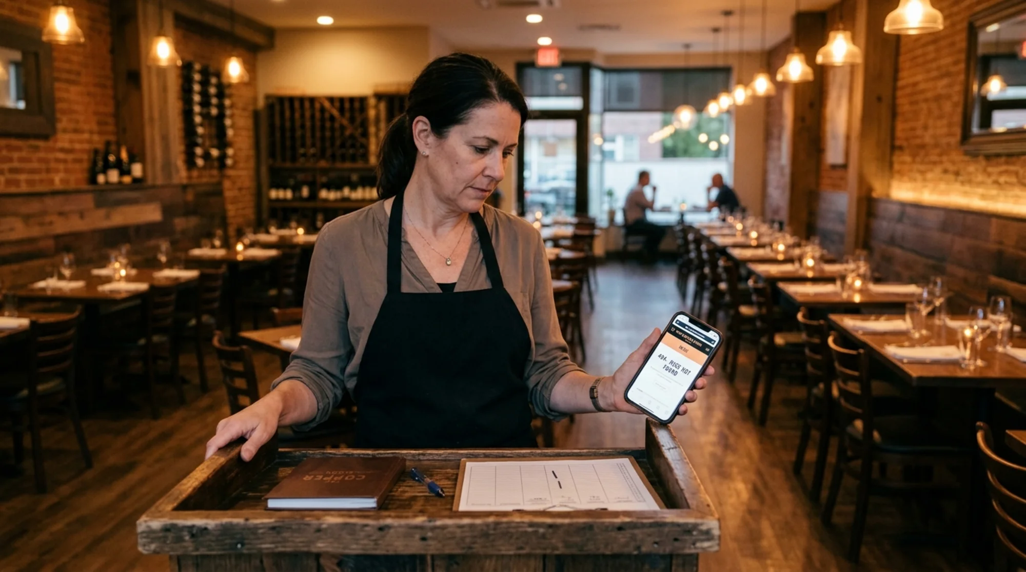 A restaurant owner standing at the host stand during a slow evening, glancing at their phone showing a website with a broken menu link and a "page not found" error, empty tables visible in the background
