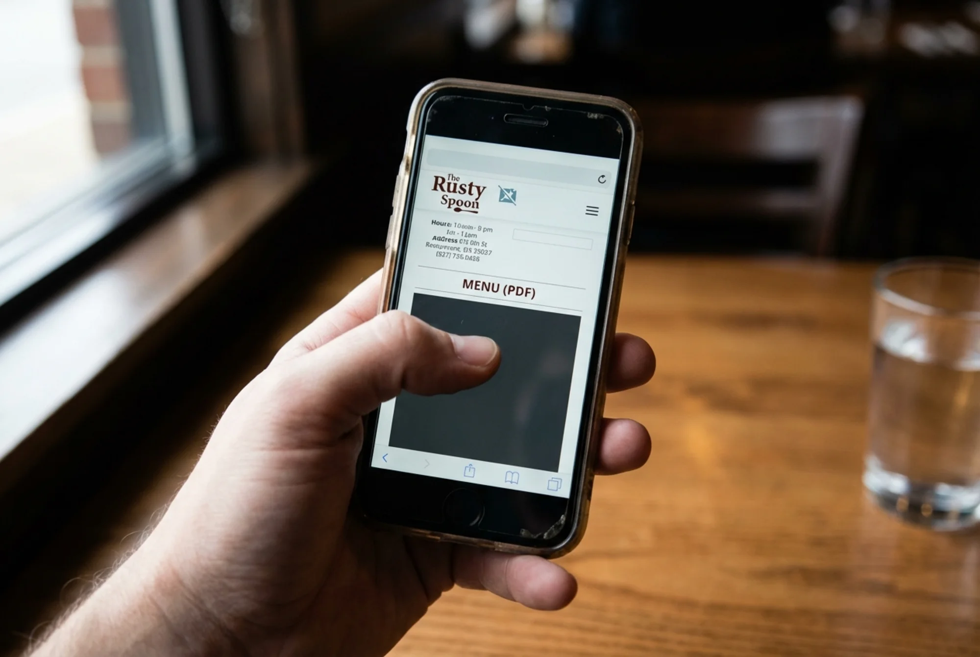 A smartphone screen showing a restaurant website with tiny unreadable text, a missing phone number, and a menu PDF that requires pinching to zoom, with a frustrated hand holding the device