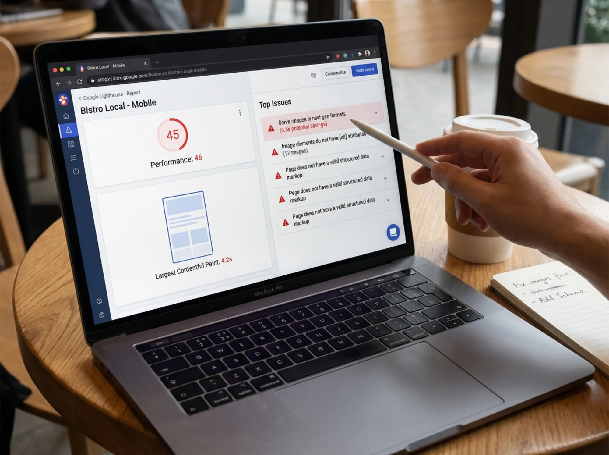 A split-screen website audit report showing a restaurant site's mobile performance score alongside specific flagged issues like slow image loading, missing alt text, and no structured data markup