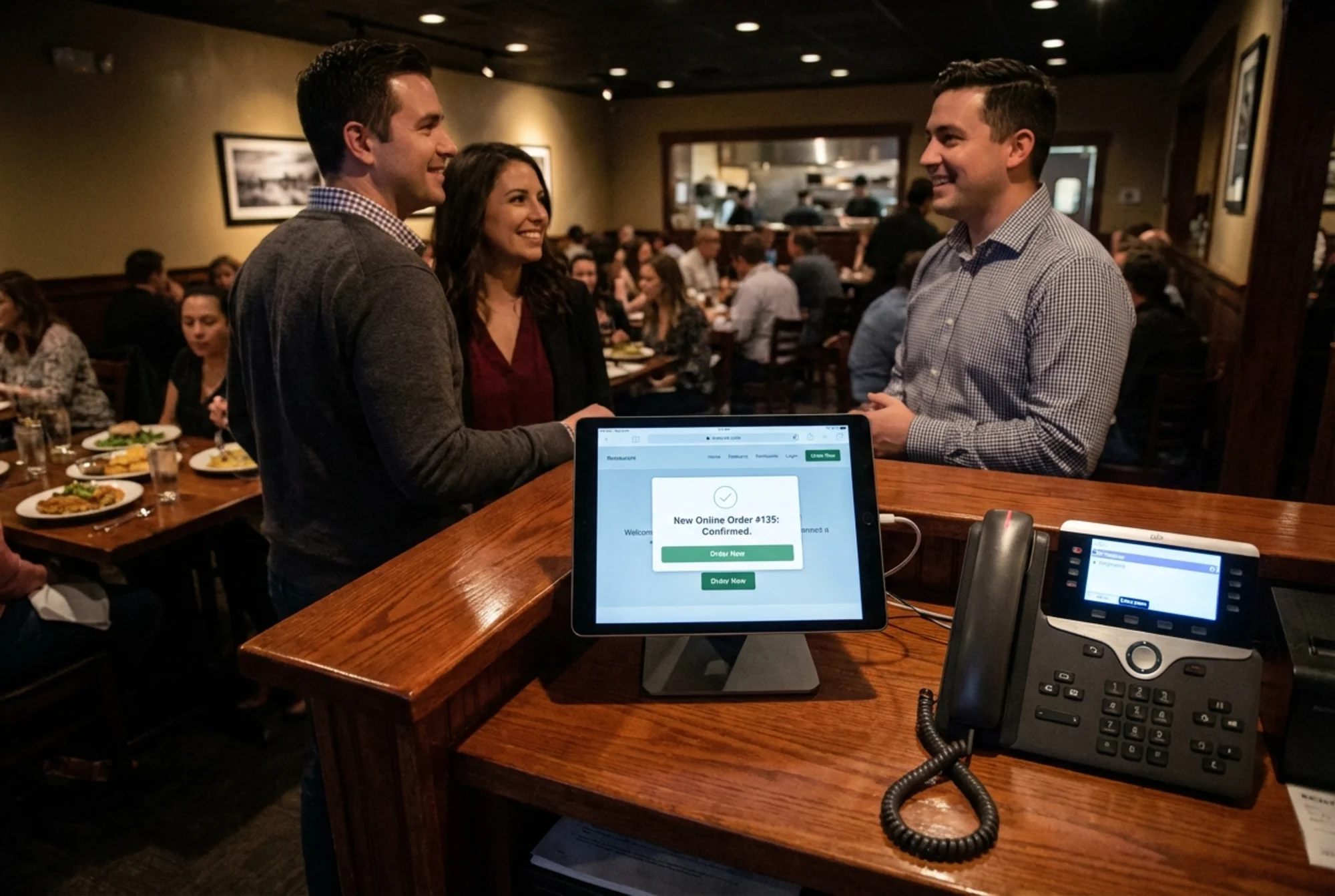 A busy restaurant dining room on a Friday night with a host greeting arriving guests, a phone ringing with a new reservation, and a tablet on the counter showing an online order notification