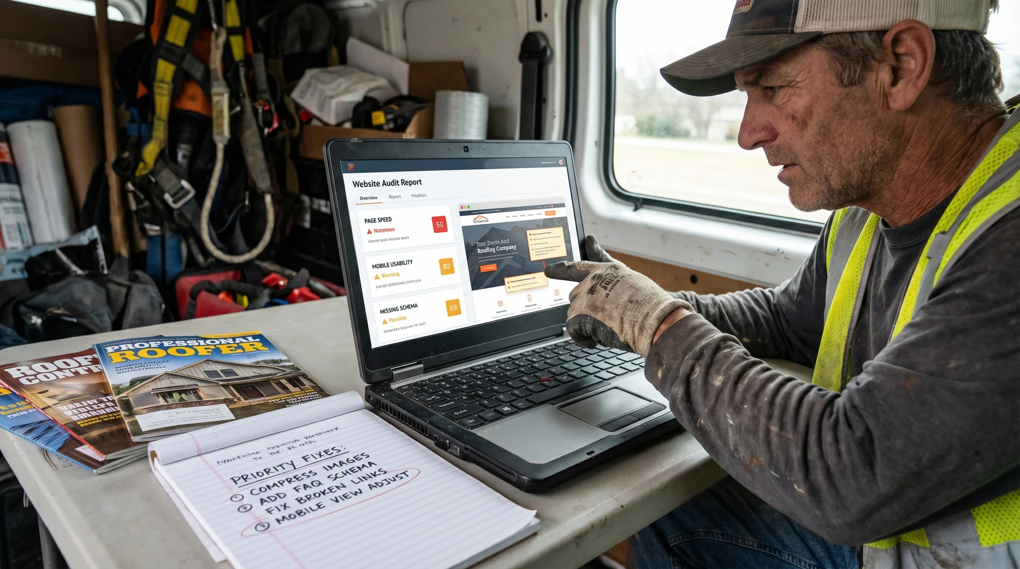 A roofing contractor reviewing a website audit report on a laptop showing scored categories — page speed, mobile usability, missing schema — for a roofing company's homepage, with red and amber warning indicators highlighted; contractor has a notepad with circled priority fixes, roofing trade magazines visible nearby