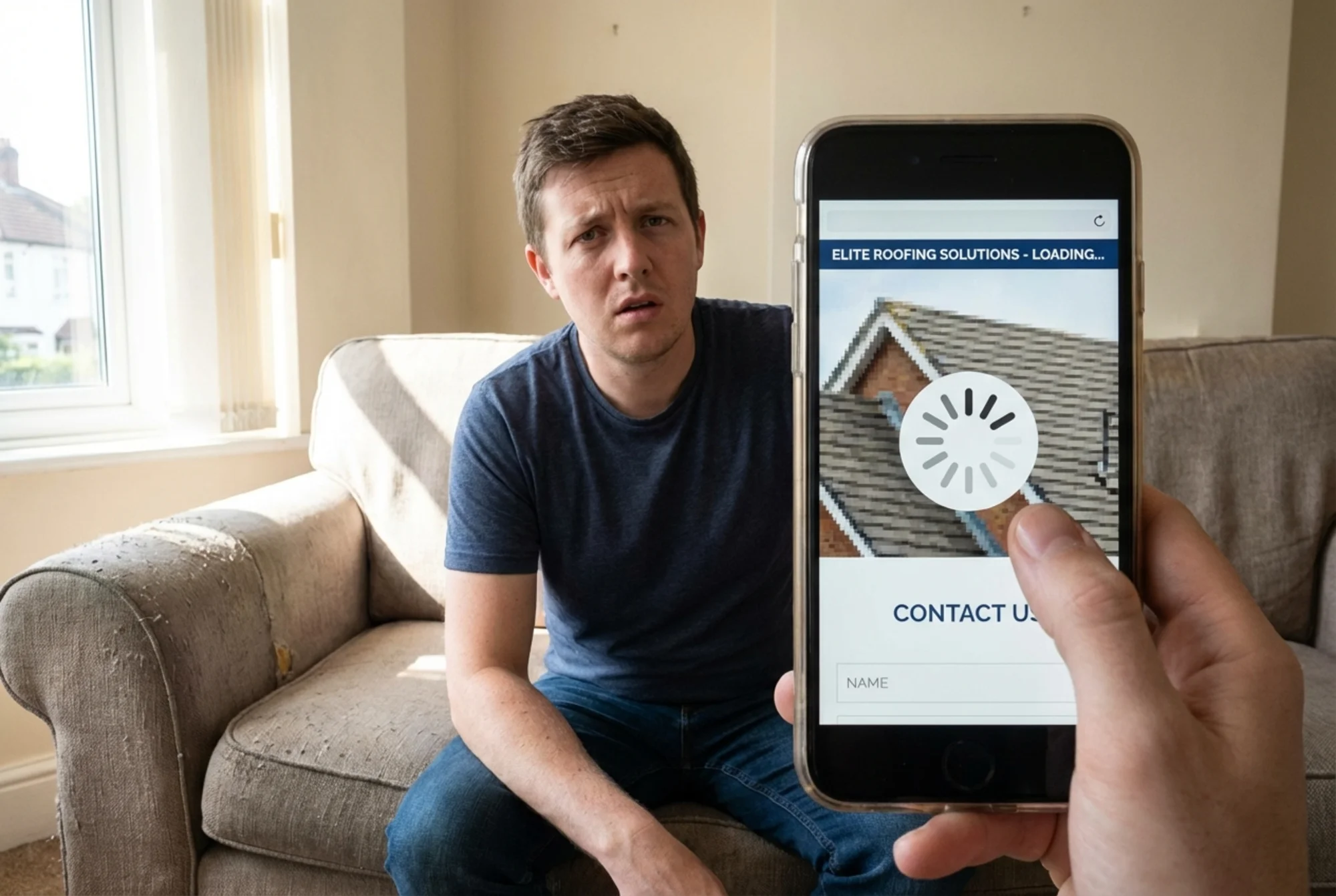 A roofing company website shown on a mobile phone with a slow-loading spinner, a blurry compressed roof photo, and a contact form that's partially cut off below the fold — a homeowner squints at the screen, thumb hovering, about to close the tab