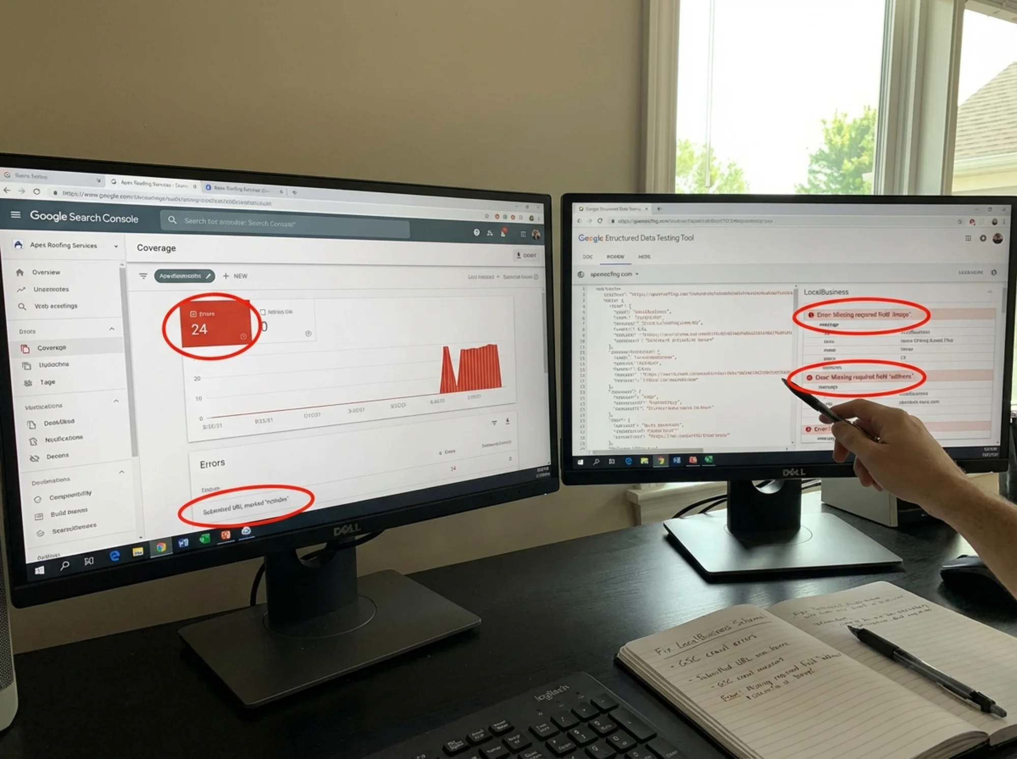 A side-by-side browser view of a roofing website's Google Search Console coverage report showing crawl errors alongside a structured data testing tool flagging a missing LocalBusiness schema for a roofing contractor — annotated with red circles on the specific error fields