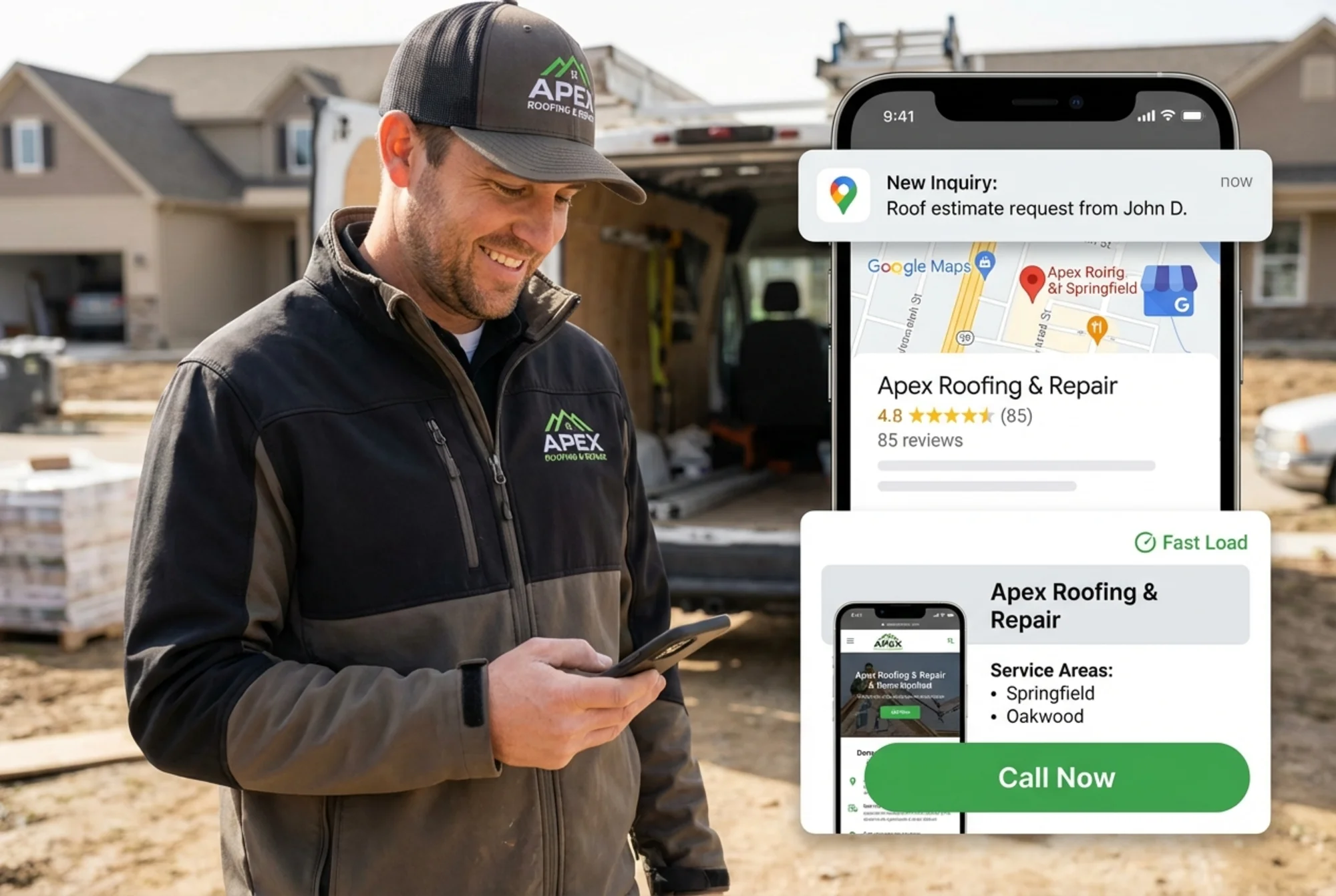 A roofing contractor checking their phone showing a Google Maps listing with a 4.8-star rating and a website preview card showing fast load speed, proper service area pages, and a visible "Call Now" CTA — a new inquiry notification appears on screen