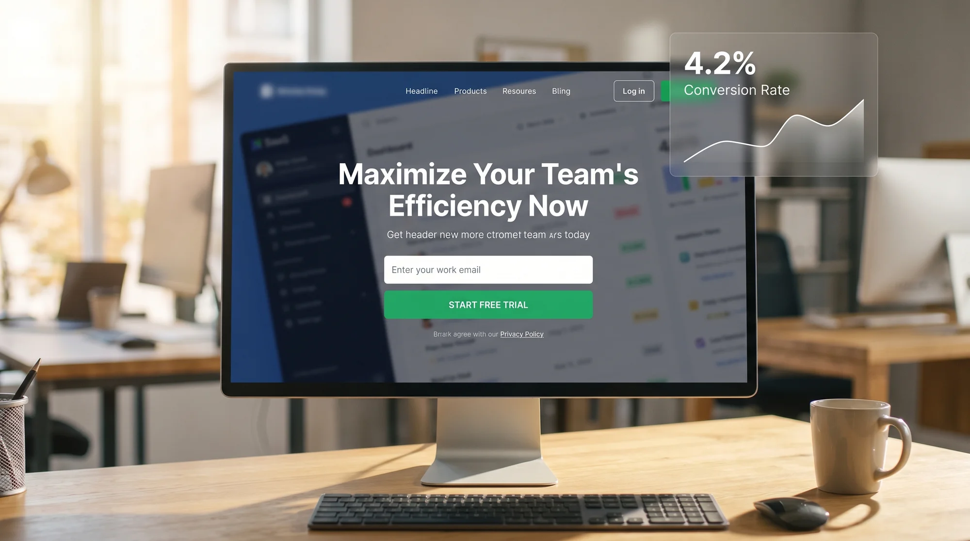 A SaaS landing page on a monitor with a bold headline, single-field signup form, and green CTA button, overlaid with a translucent analytics panel showing a 4.2% conversion rate