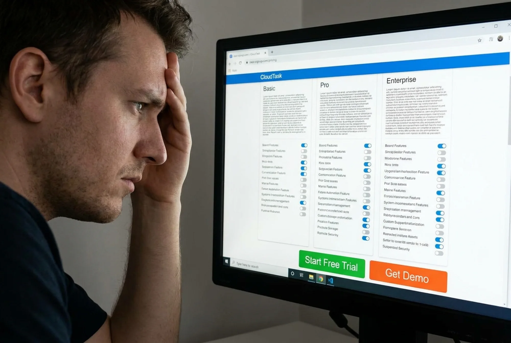 A frustrated visitor squinting at a cluttered SaaS pricing page crowded with toggle switches, three plan columns of tiny text, and competing CTA buttons in different colors