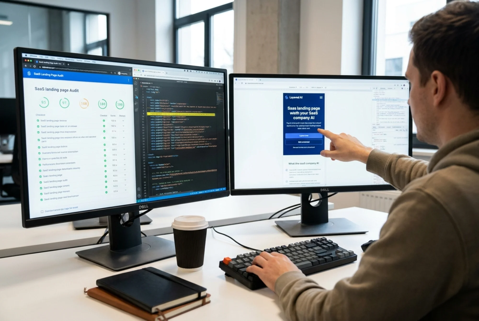 A developer reviewing a SaaS landing page audit side by side with the page's HTML source, with highlighted meta tags and a mobile viewport preview open in DevTools