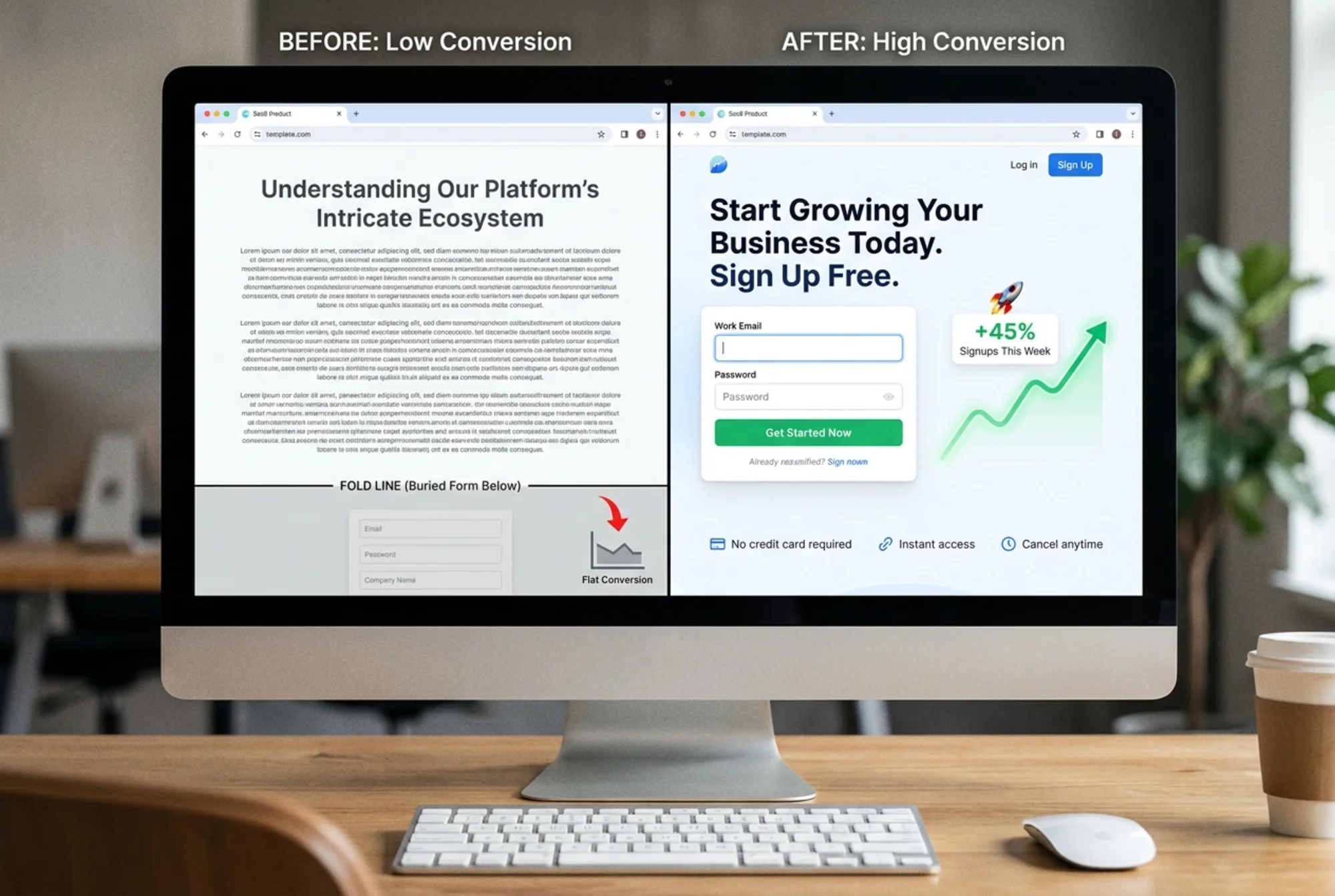 A before-and-after split of a SaaS signup page: the left side shows a buried form below a wall of text, the right side shows the form above the fold with a clearer headline and a conversion graph trending upward