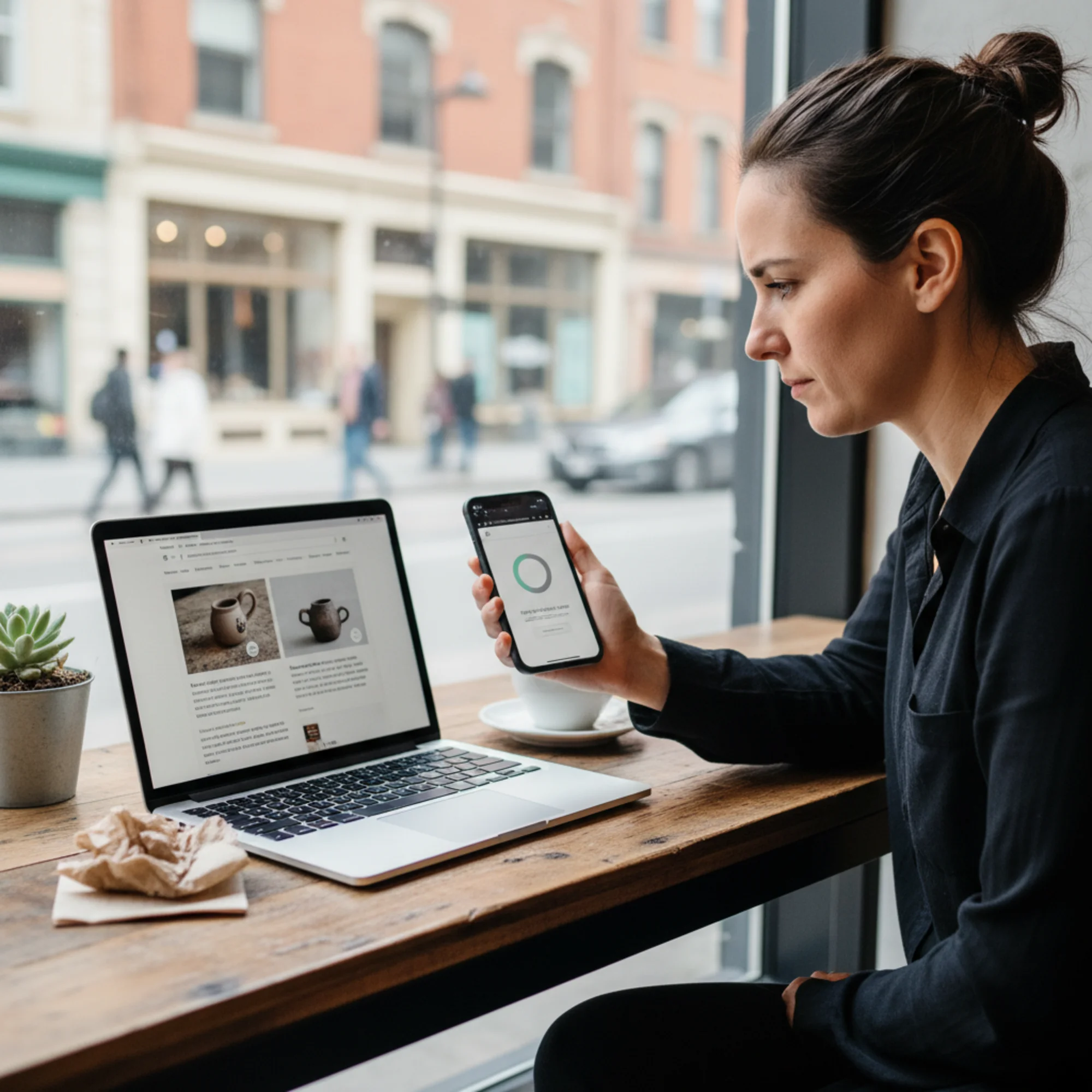 A small business owner testing their Replit-built website on a phone and laptop side by side, noticing the site loads slowly on mobile with a visible loading spinner still active
