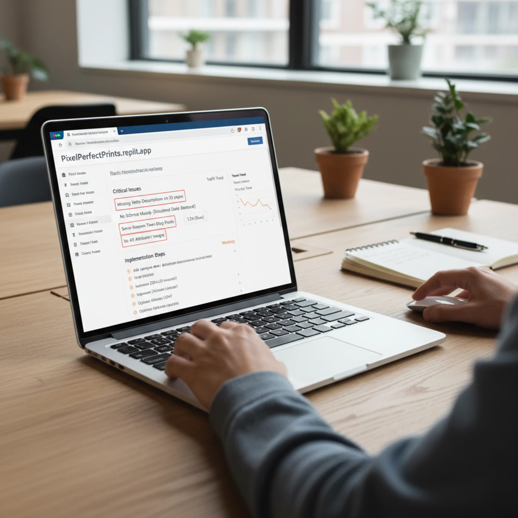 A FreeSiteAudit report on a laptop screen analyzing a Replit-built small business website, with specific issues highlighted like missing meta descriptions, no structured data, and slow server response times