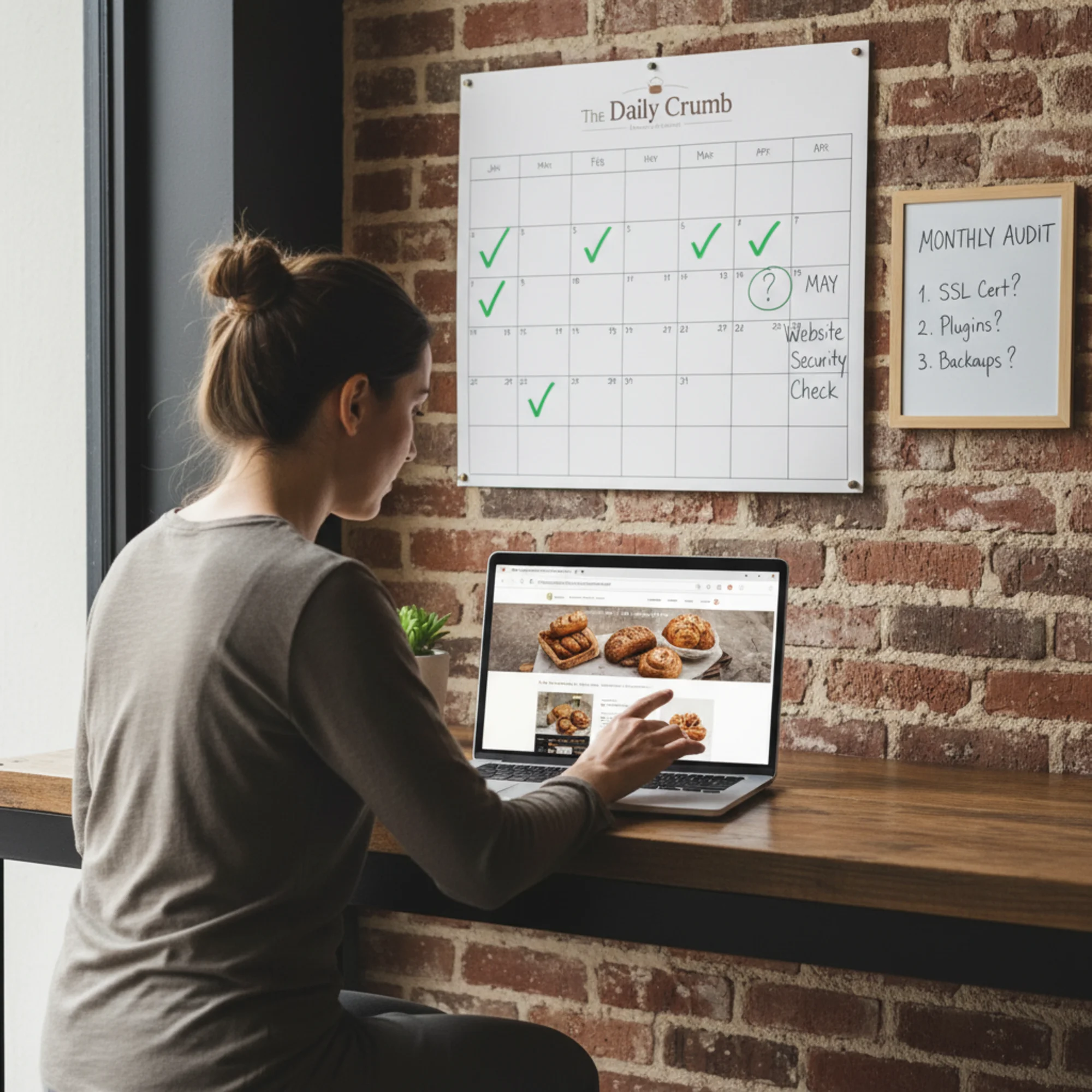 A small business owner clicking the browser padlock icon on their bakery website, with a wall calendar behind them showing monthly check marks in green marker