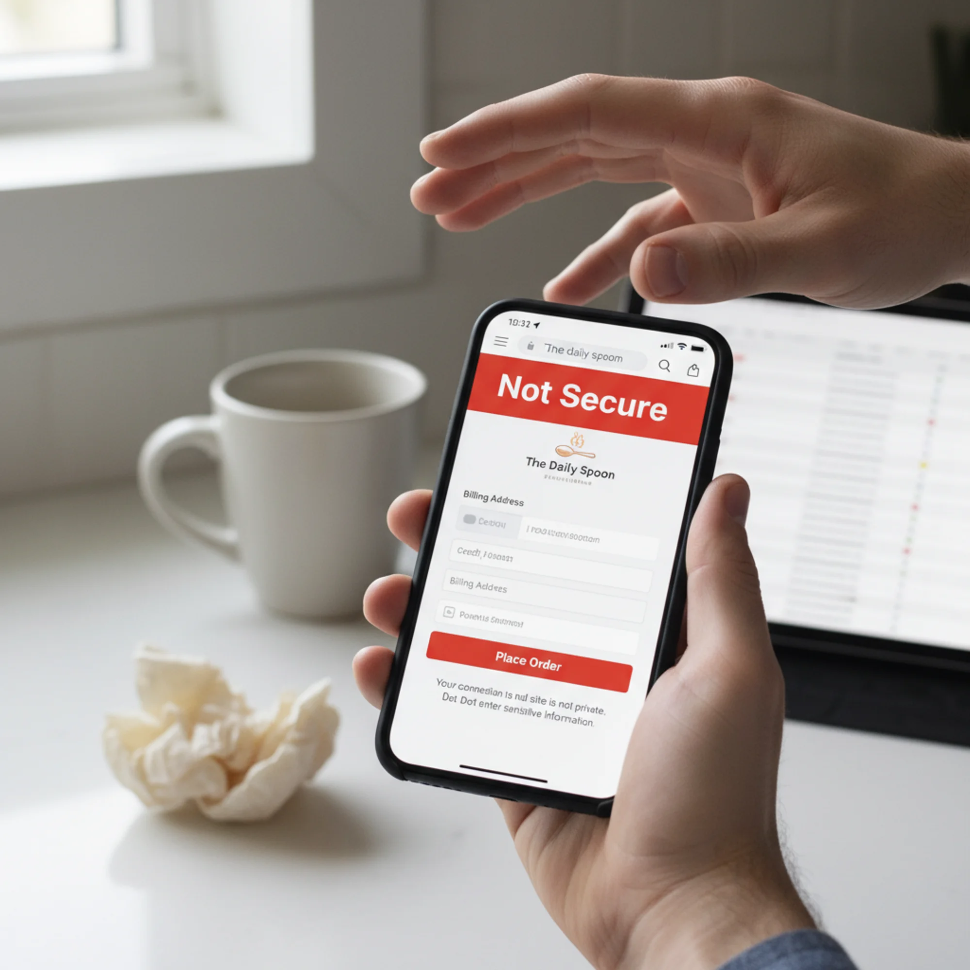 A mobile phone showing a "Not Secure" browser warning on a restaurant checkout page, with a customer pulling their hand back from the screen