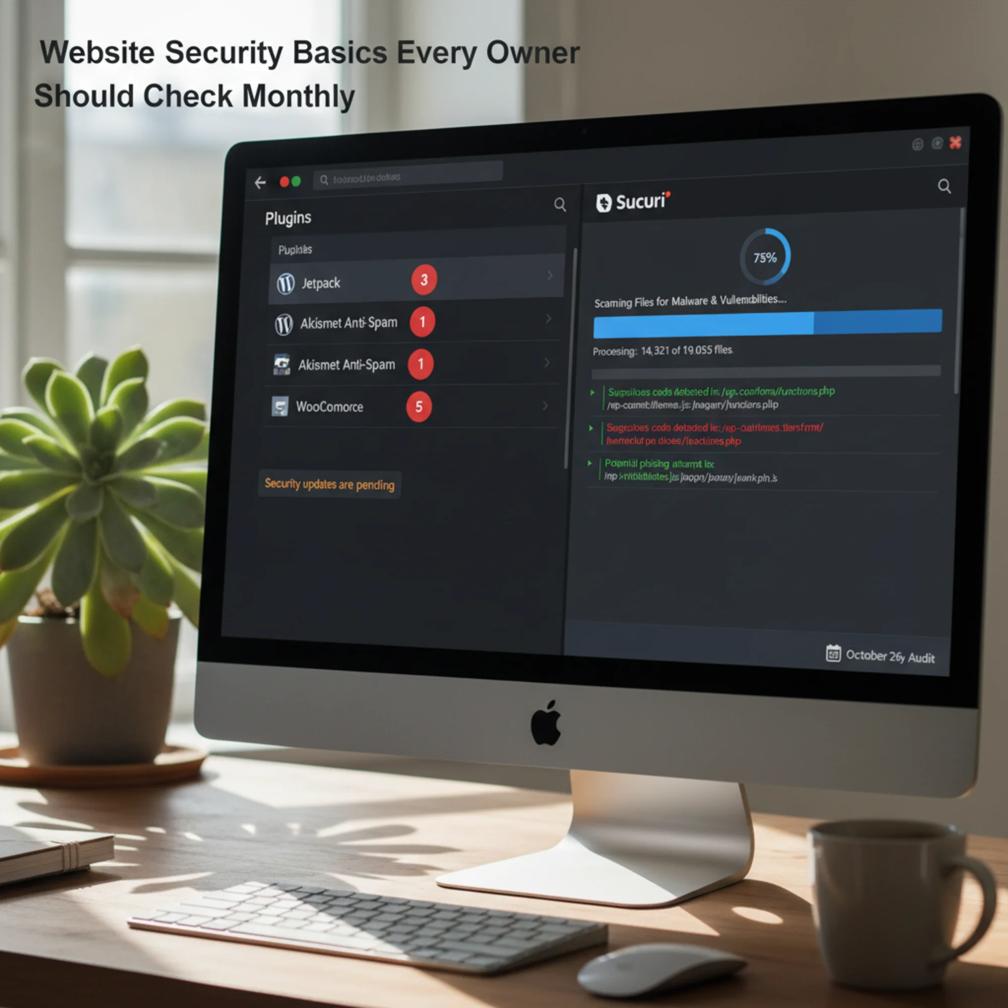 A WordPress dashboard split-screen showing three plugins with red update badges on the left and a Sucuri security scan progress bar on the right