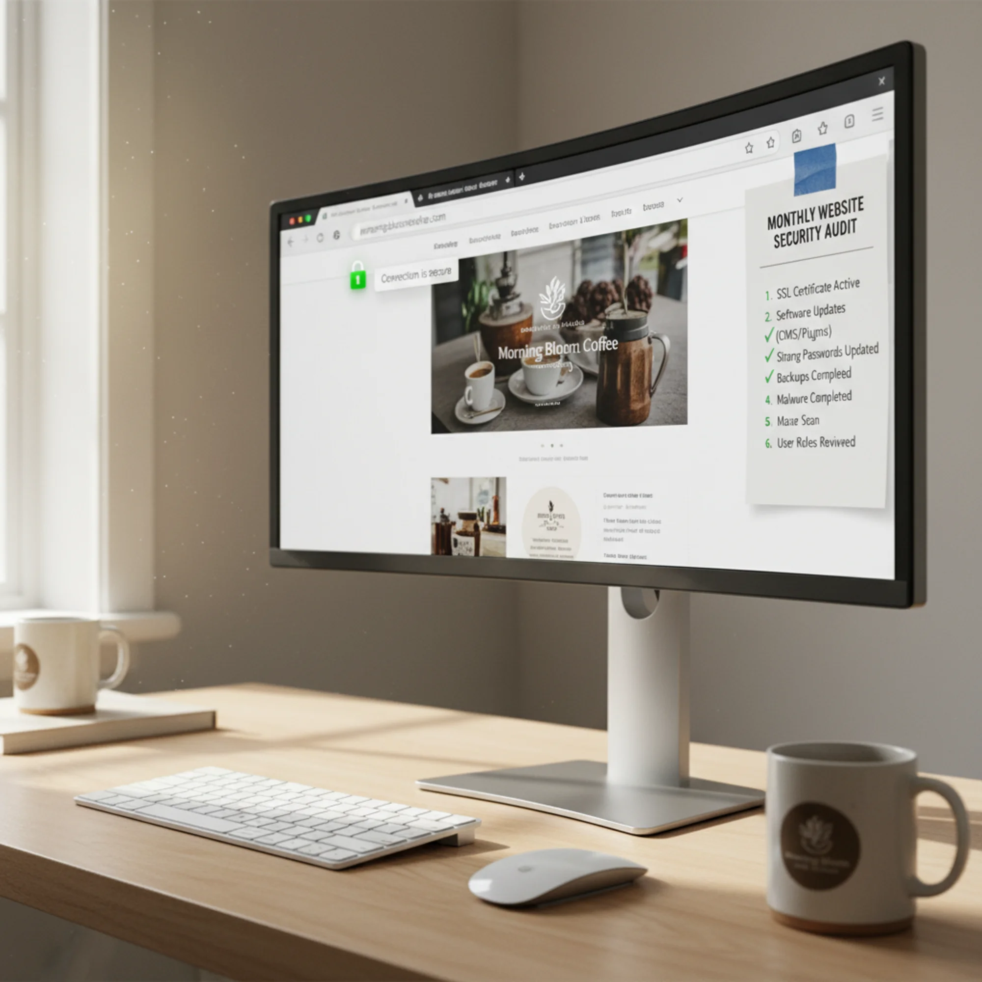 A browser address bar displaying a green padlock and "Connection is secure" tooltip, with a printed monthly security checklist taped to the monitor edge showing all items checked off