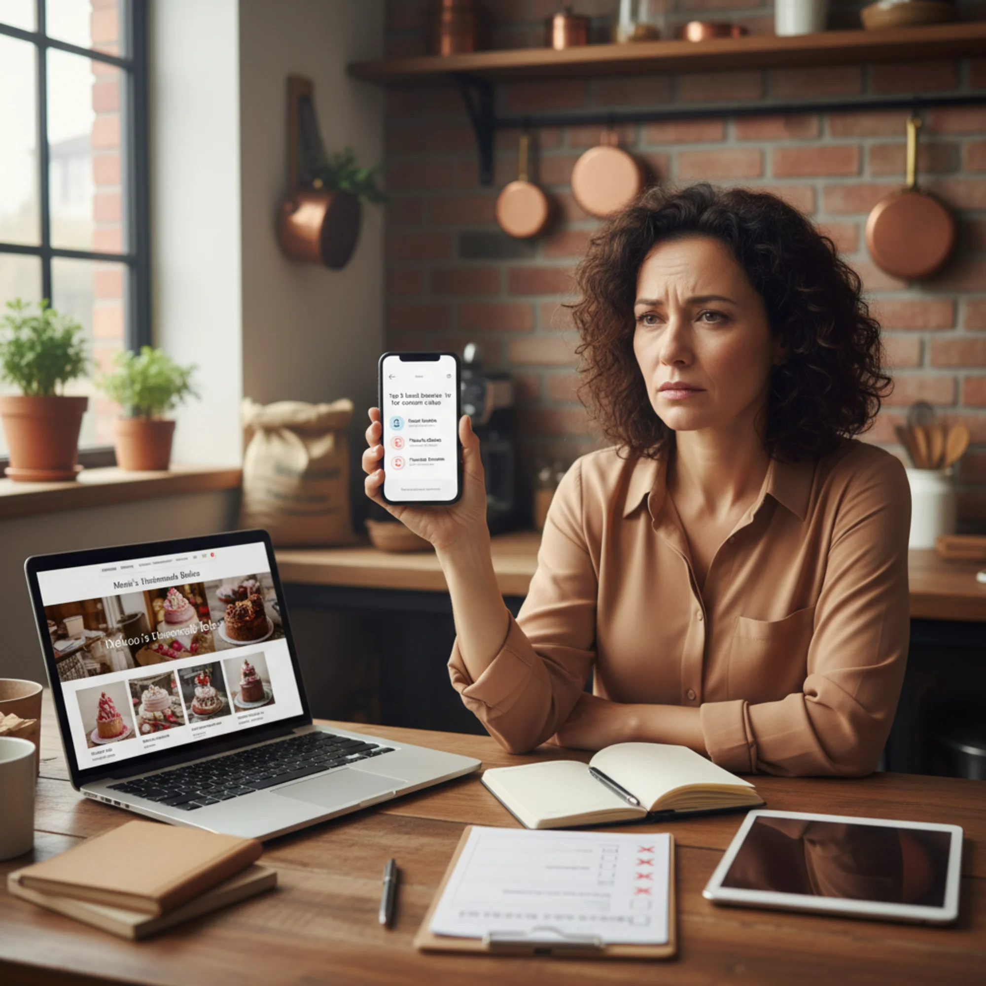 A small business owner looking puzzled at their phone where an AI assistant answer recommends three competitors but not their business, with their own website visible on a laptop in the background