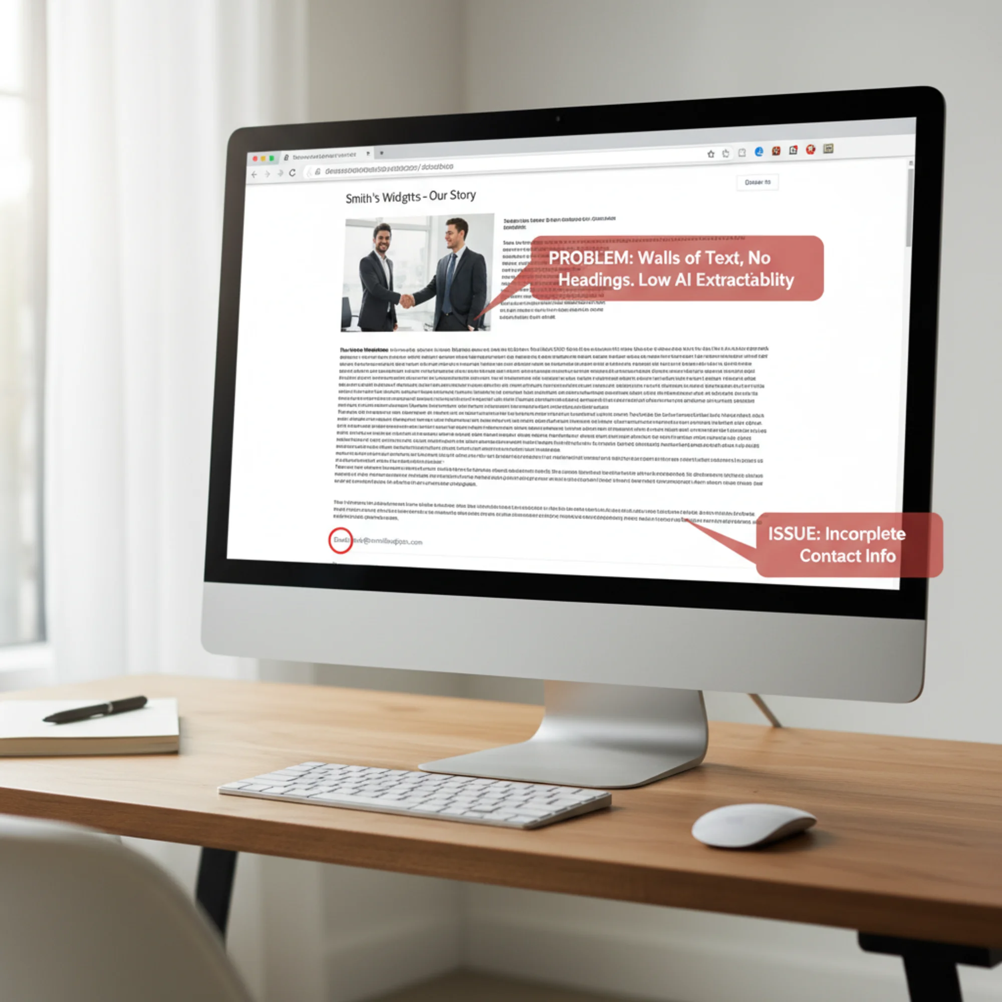 A browser view of a cluttered small business webpage with walls of text, no headings, missing contact details, and a generic stock photo — the kind of page AI models struggle to extract useful facts from
