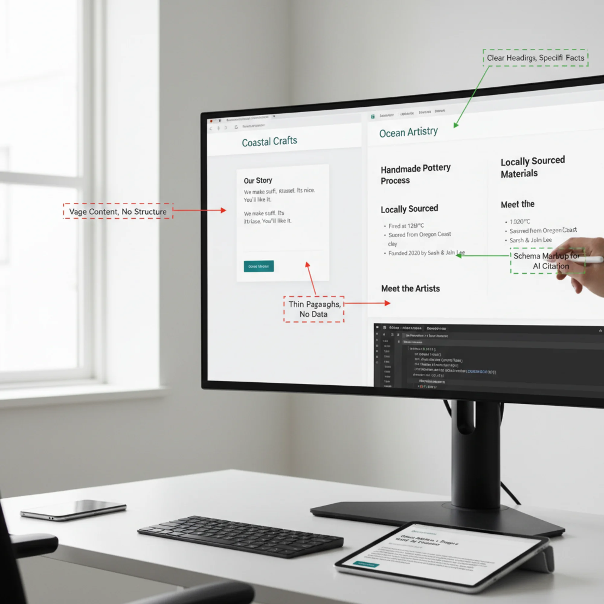 A split-screen showing a weak page on the left (vague content, no structured data, thin paragraphs) and a strong page on the right (clear headings, specific facts, schema markup visible in code) with annotation callouts highlighting the differences