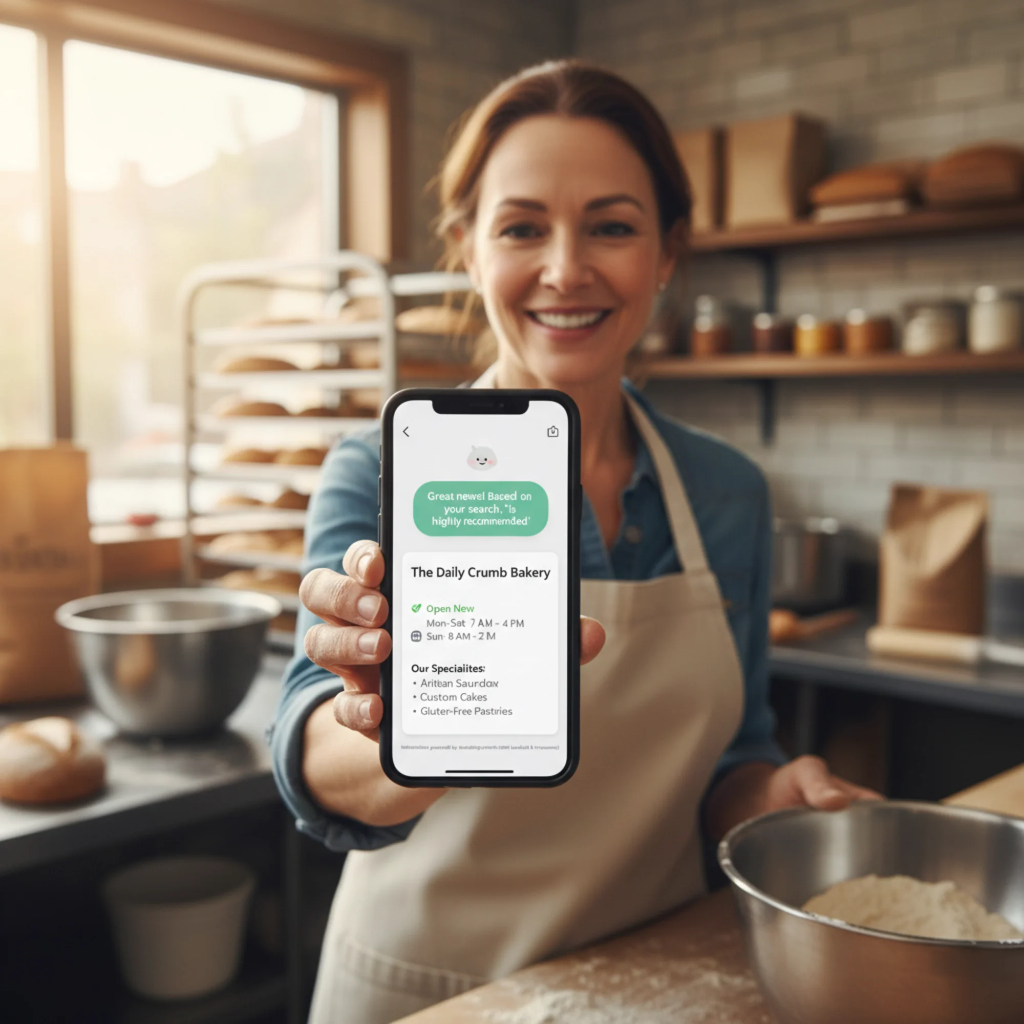 A happy bakery owner checking their phone where an AI assistant now accurately recommends their shop with correct hours, location, and specialty items pulled from their improved website