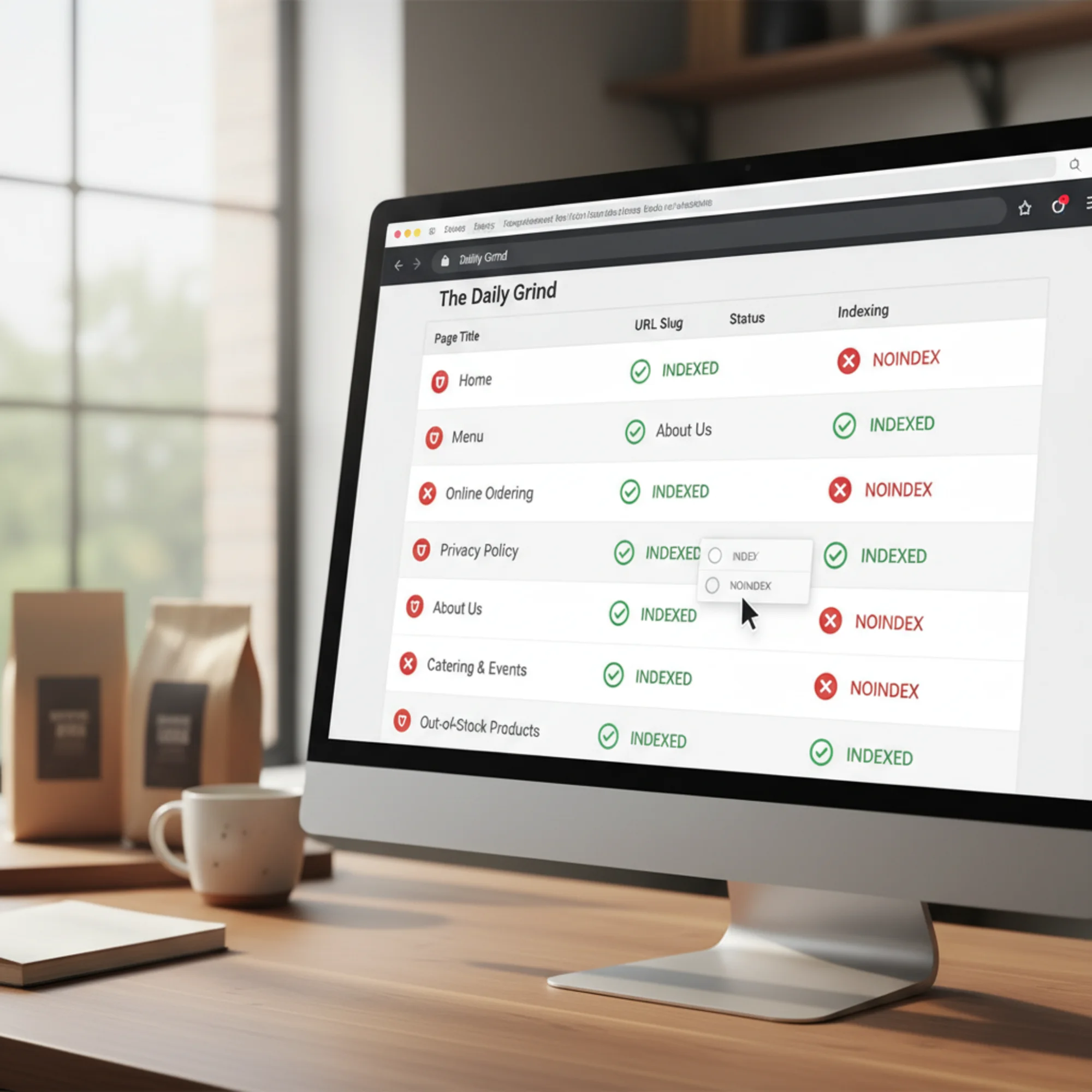 A CMS page list showing rows of website pages, some flagged with a red "noindex" shield icon and others with a green "indexed" checkmark, with a cursor hovering over a service page deciding its indexing status