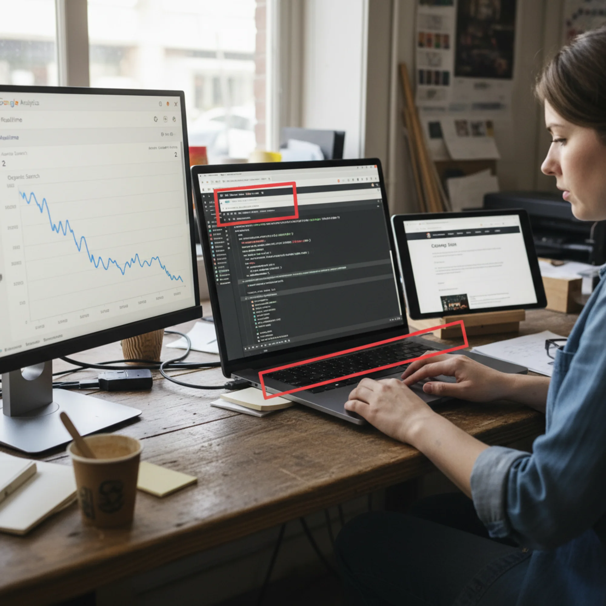 A Google Analytics real-time traffic chart showing a steep organic traffic cliff dropping near zero, with a browser tab open to the site's HTML source where a noindex meta tag is highlighted in red