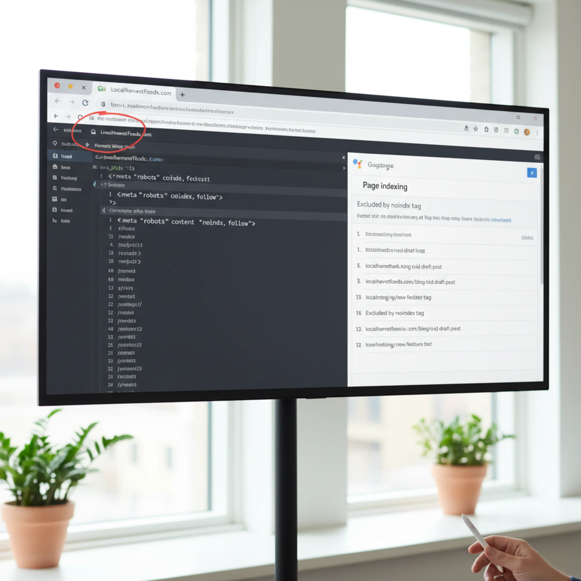 A split-screen showing a webpage's HTML head with the noindex meta robots tag circled on the left, and Google Search Console's page indexing report listing URLs under "Excluded by noindex tag" on the right