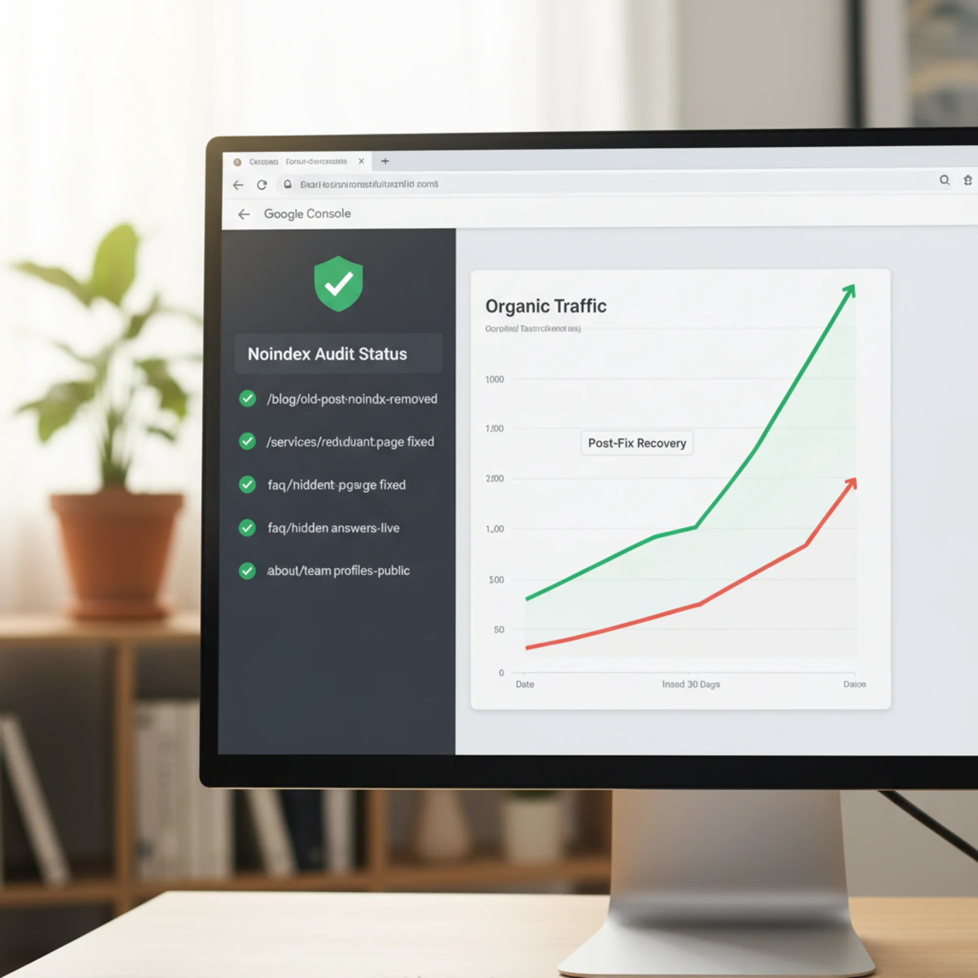 A Google Search Console dashboard showing an upward-recovering organic traffic curve after noindex fixes, with a sidebar checklist of corrected pages each marked with a green checkmark