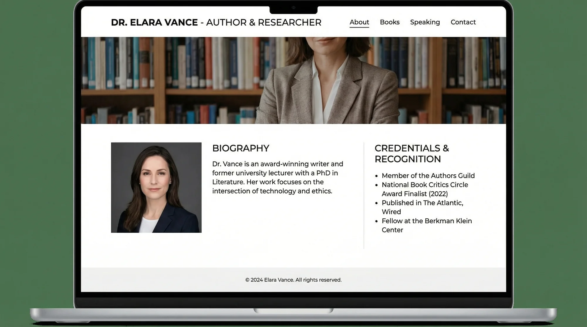 Professional author page showing credentials and bio, clean business website des