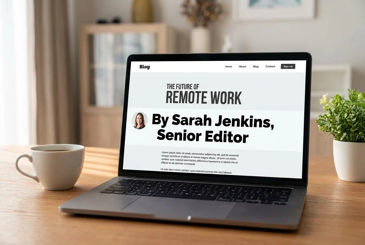 Author byline displayed prominently on blog article, modern web layout