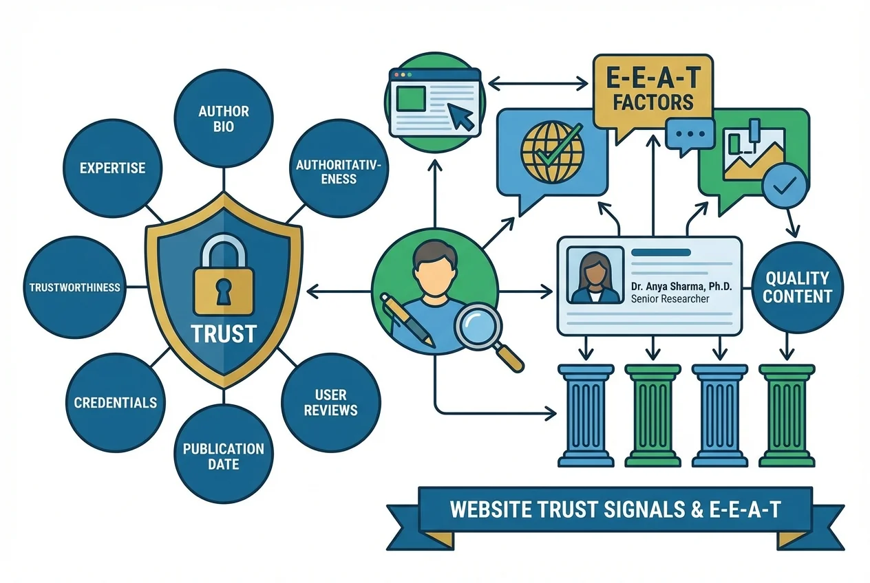 Website trust signals - author information and E-E-A-T factors, professional ill