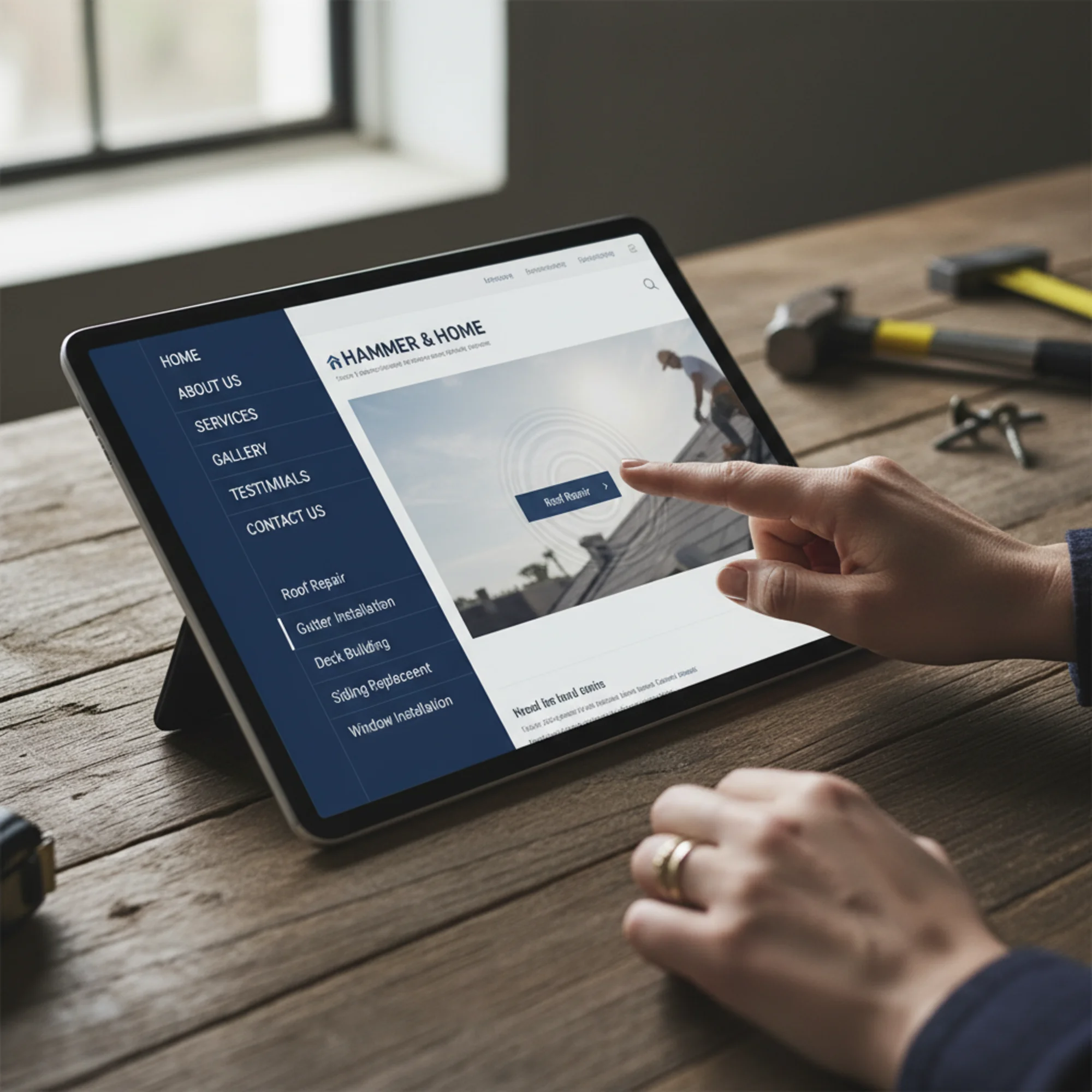 A contractor's website on a tablet screen showing a clear navigation menu with individual service pages listed like Roof Repair, Gutter Installation, and Deck Building, with a homeowner's hand tapping one of the service links