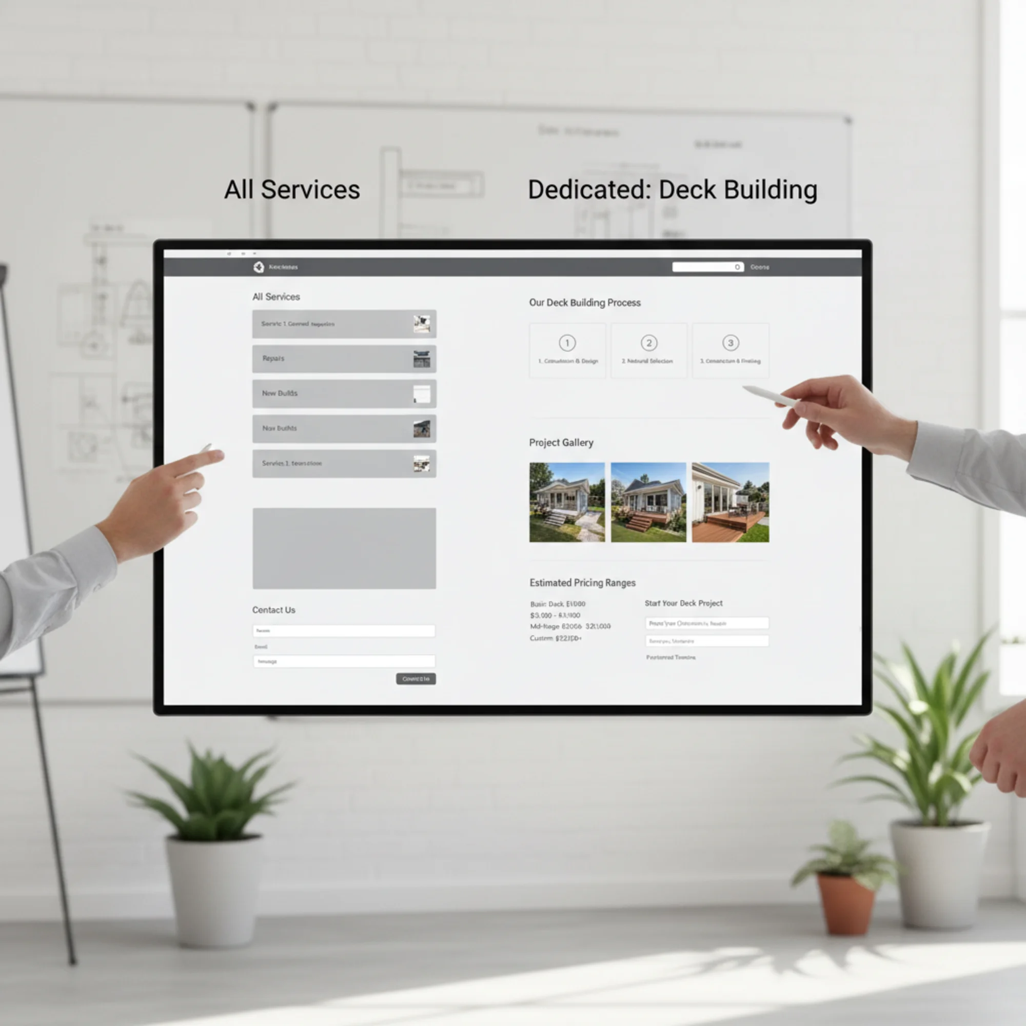 A split-screen wireframe comparison showing a generic all-services page on the left versus a dedicated Deck Building page on the right with sections for process steps, project photos, pricing ranges, and an embedded contact form