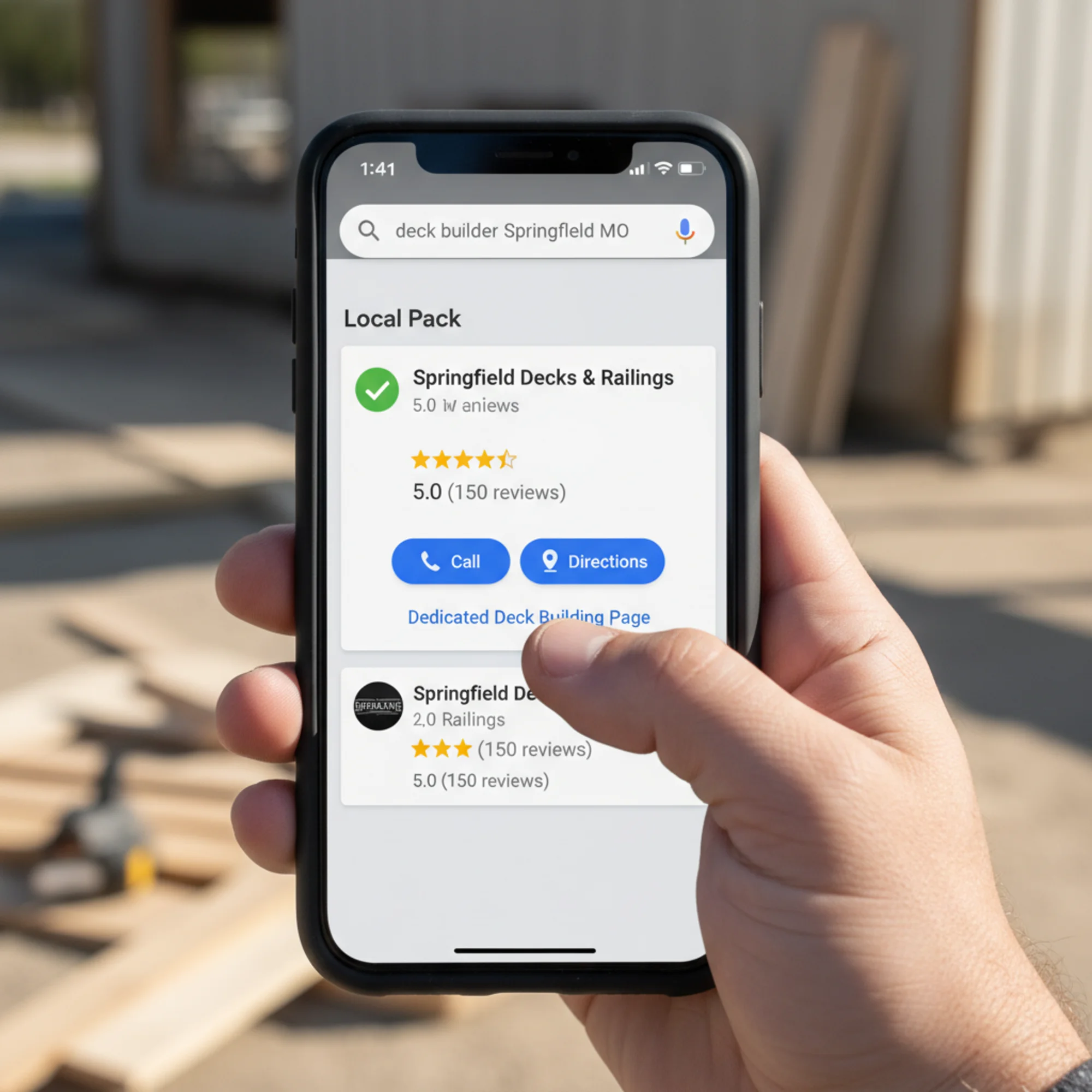 A contractor's phone displaying a Google local pack result where their dedicated deck building page ranks first for "deck builder Springfield MO" with star ratings and a click-to-call button visible