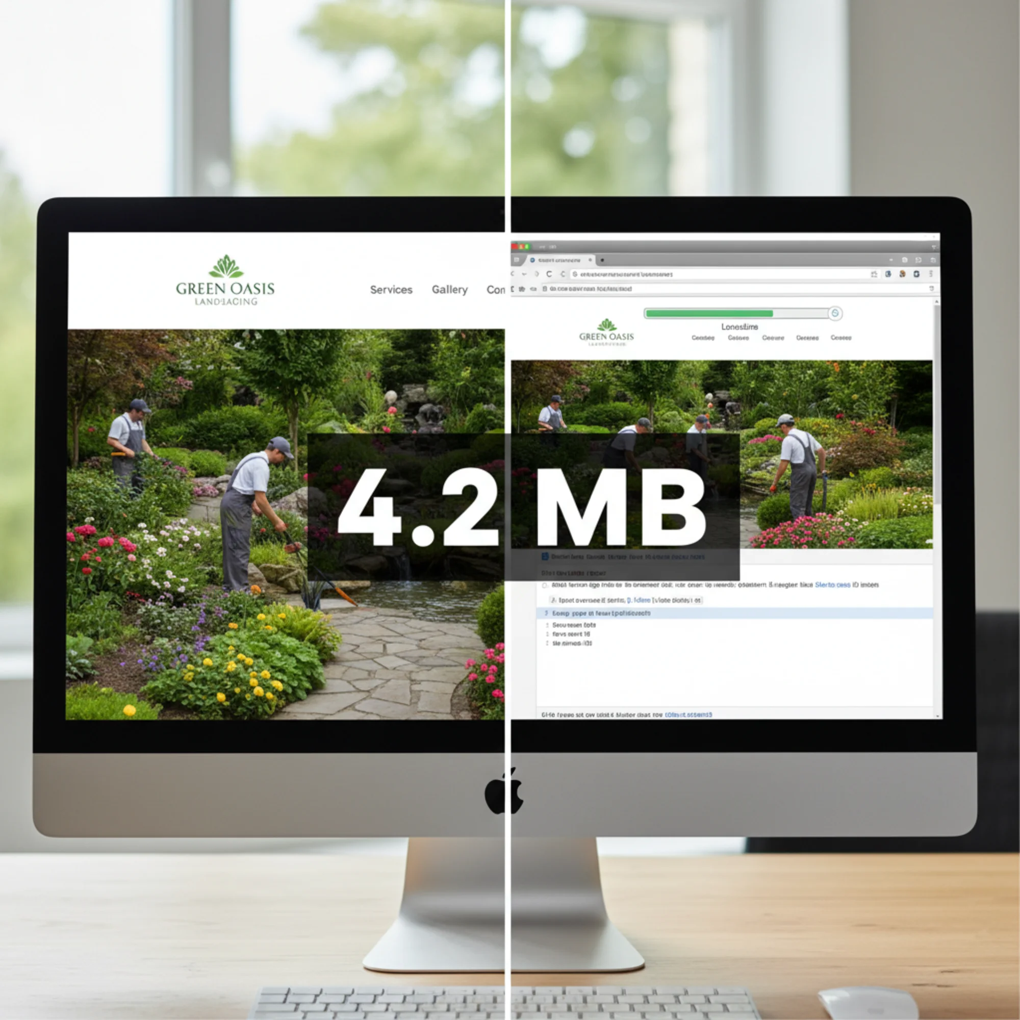 A split-screen showing a landscaping company's full-width hero photo on a business website next to a browser loading bar stuck at 40%, with the file size "4.2 MB" displayed prominently over the image