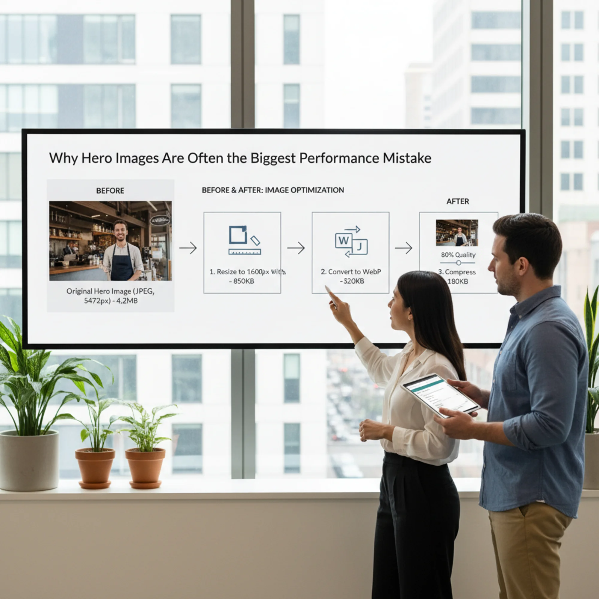 A before-and-after workflow diagram showing a 4.2MB JPEG hero photo being resized from 5472px to 1600px, converted from JPEG to WebP, and compressed to 80% quality, with file size labels at each step ending at 180KB