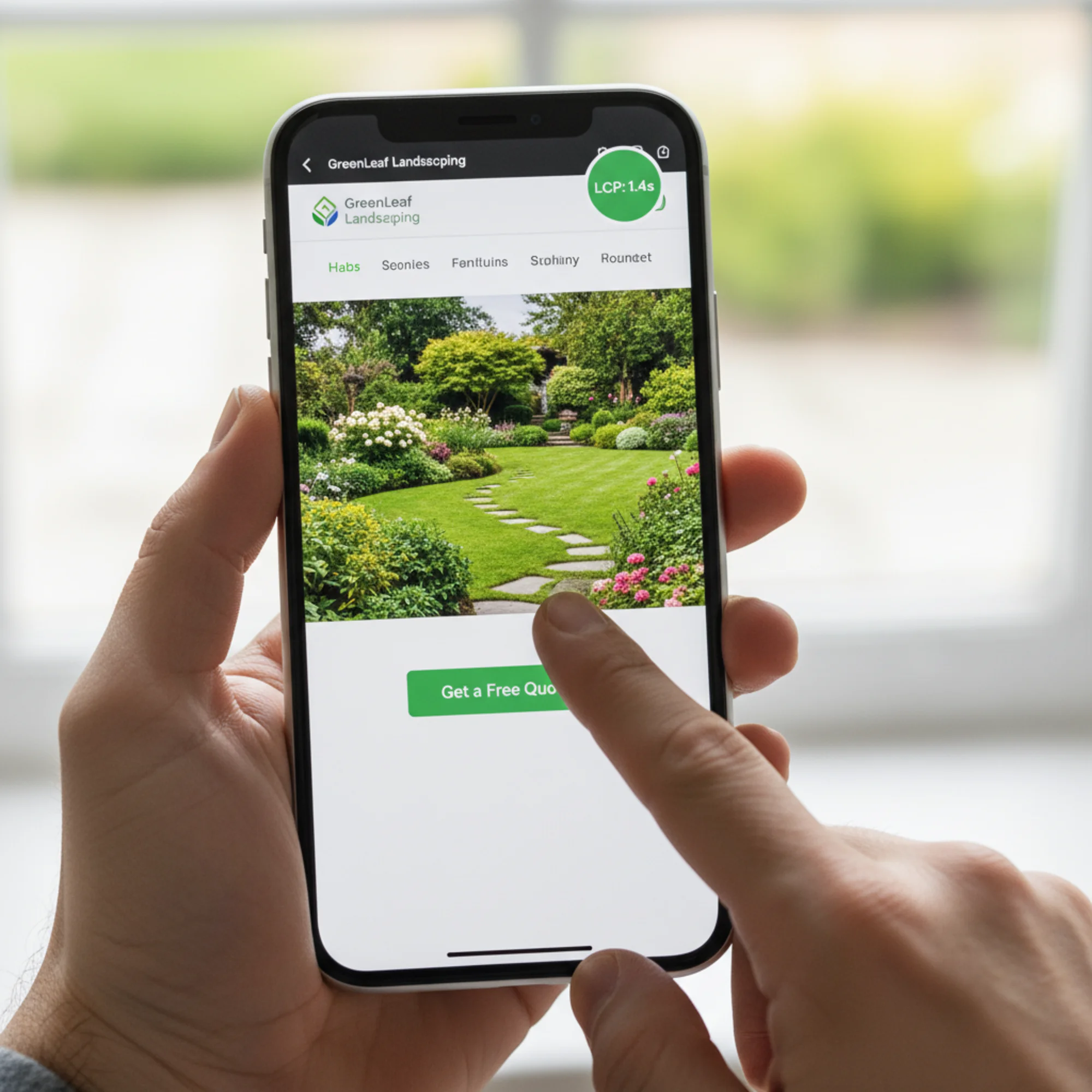 A landscaping company website loading instantly on a phone screen with a crisp WebP hero image fully rendered, a green LCP score of 1.4s in the corner, and the visitor tapping the "Get a Free Quote" button
