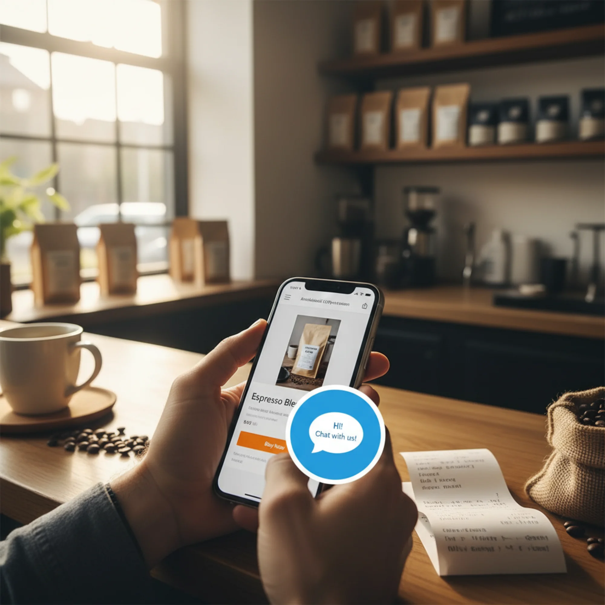 A small business website on a mobile phone screen with a large chat bubble widget covering the bottom-right corner, obscuring a Buy Now button beneath it, photographed over a shop counter with natural lighting