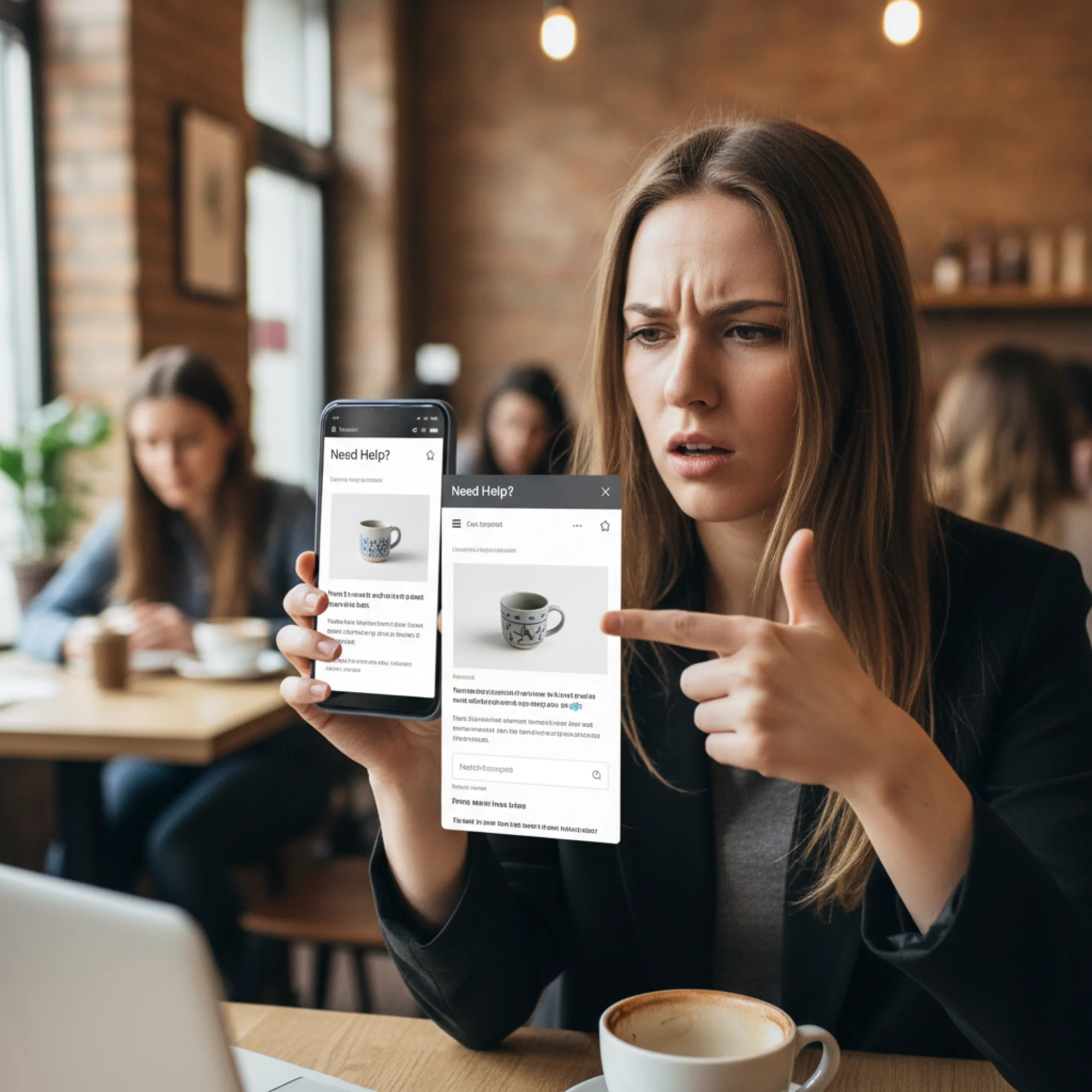 A frustrated customer on their phone trying to tap a product description but accidentally hitting the chat widget instead, with the chat pop-up expanding over the page content mid-scroll in a cafe setting