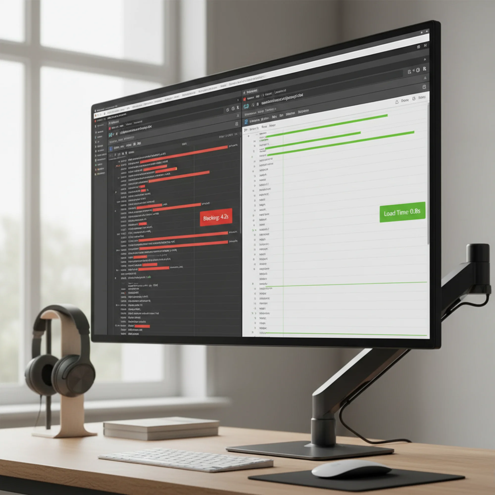 A split-screen browser DevTools waterfall comparison: left side showing a heavy chat widget loading dozens of third-party scripts with red blocking indicators, right side showing a clean deferred page load with green performance bars