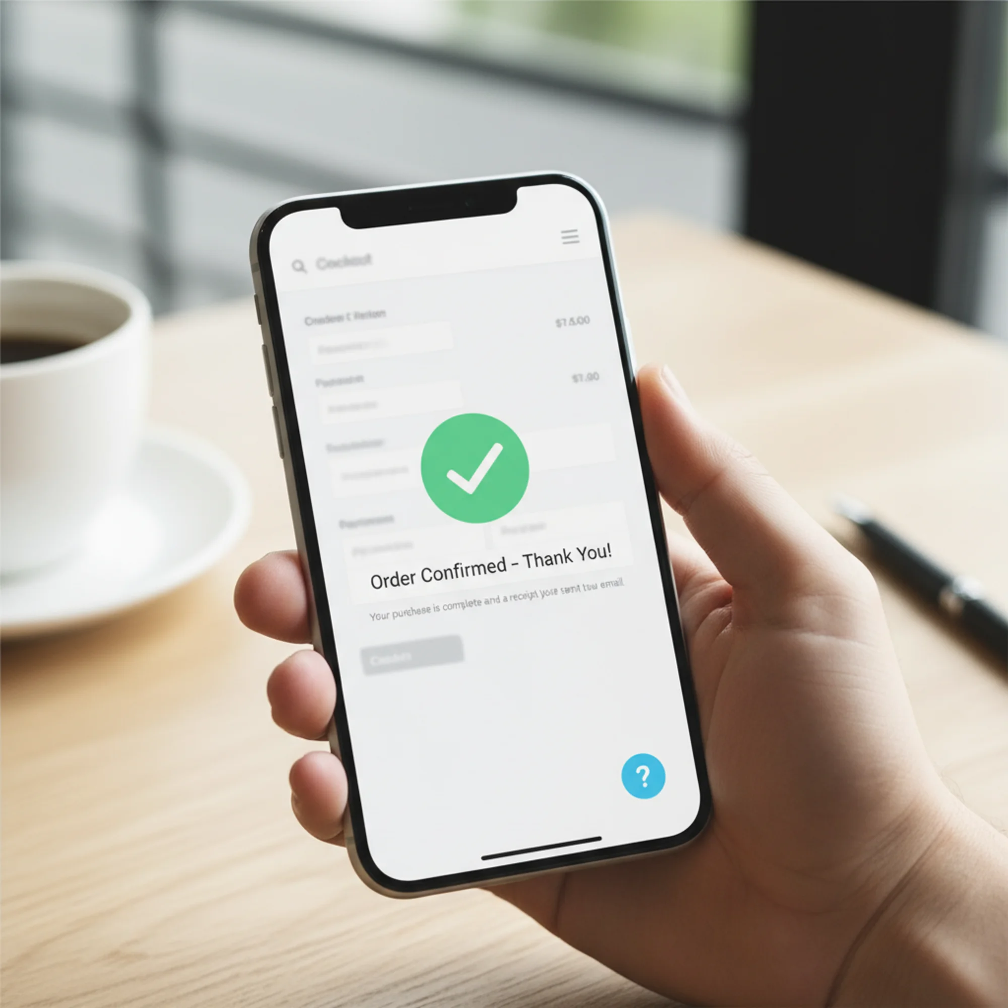 A clean mobile checkout page with a small unobtrusive help icon in the corner, the customer completing a purchase smoothly with a confirmation screen and green checkmark visible