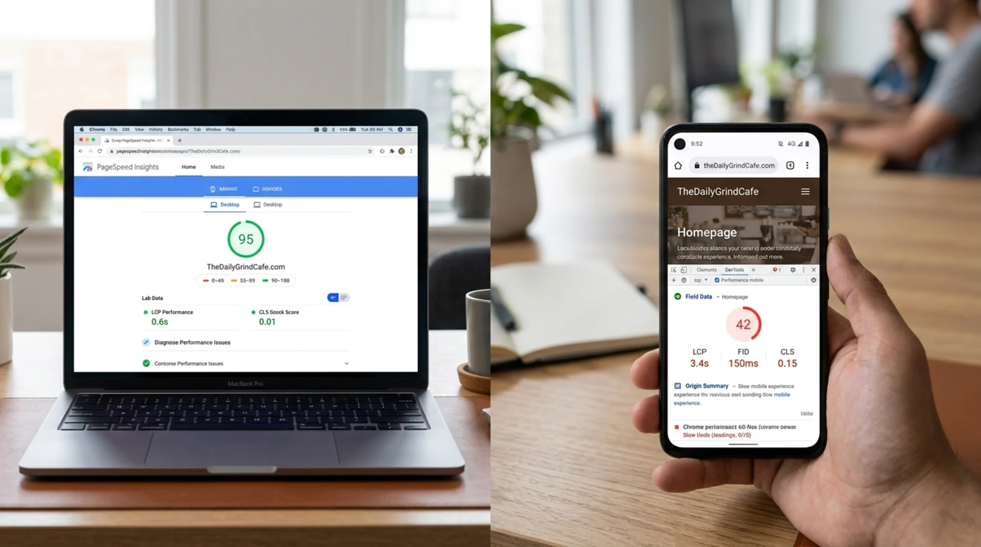 Split-screen comparison showing the same small business homepage on two devices: on the left, a developer's laptop displaying PageSpeed Insights with a green 95 lab score and a clean controlled test environment; on the right, a customer's mid-range Android phone on cellular showing the page loading slowly with a red 42 score visible in a mobile browser, natural office lighting, realistic browser chrome and PageSpeed UI visible