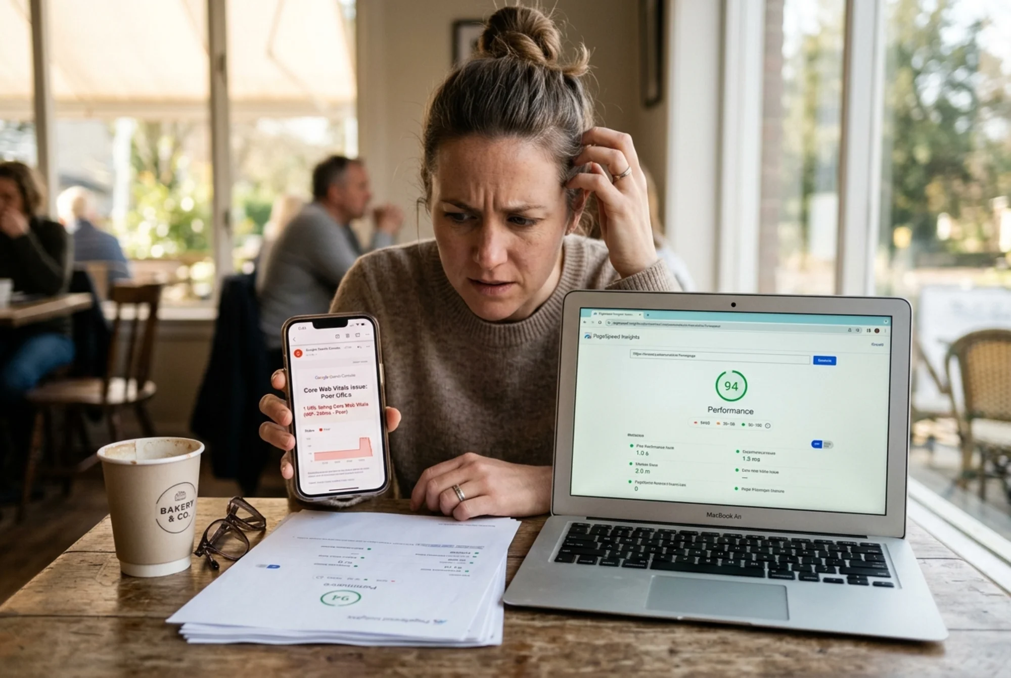 A small bakery owner at a café table looking puzzled at two screens side by side: her phone shows a red Google Search Console "Poor URLs - Core Web Vitals" warning email, while her open laptop screen shows a bright green PageSpeed Insights result for the same homepage, paper coffee cup and a printed PageSpeed report on the table, soft morning window light, genuine confusion on her face