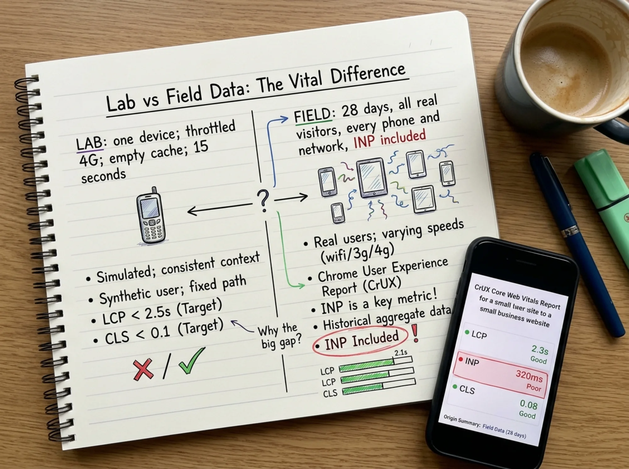 Overhead close-up of a notebook page with hand-drawn comparison diagram: left column labeled "LAB: one device, throttled 4G, empty cache, 15 seconds" with a single phone icon; right column labeled "FIELD: 28 days, all real visitors, every phone and network, INP included" with multiple phone icons; a real phone beside the notebook showing the CrUX Core Web Vitals report with LCP, INP, CLS rows, colored pens and a coffee mug, focused workspace